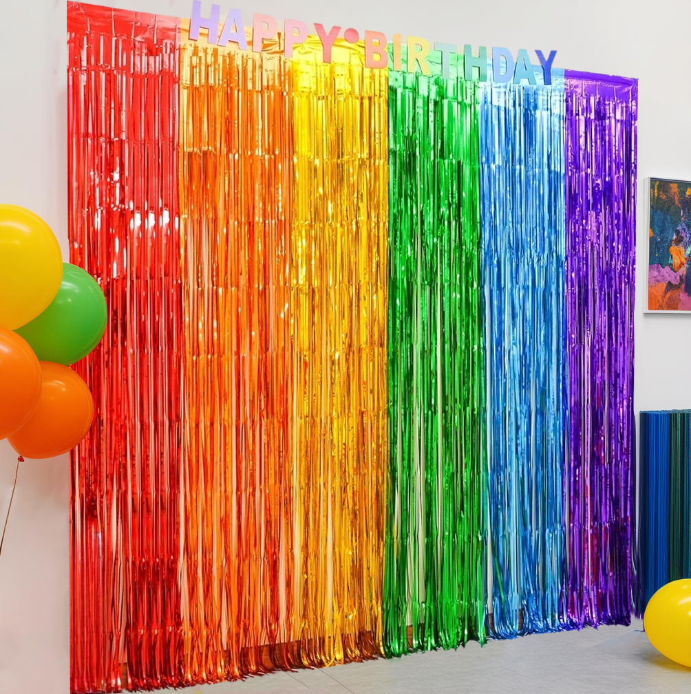 Fbasport Rainbow Foil Fringe Curtains Backdrop (Metallic Tinsel Streamers, 4 Pack, 3.3 ft x 6.6 ft) t1409