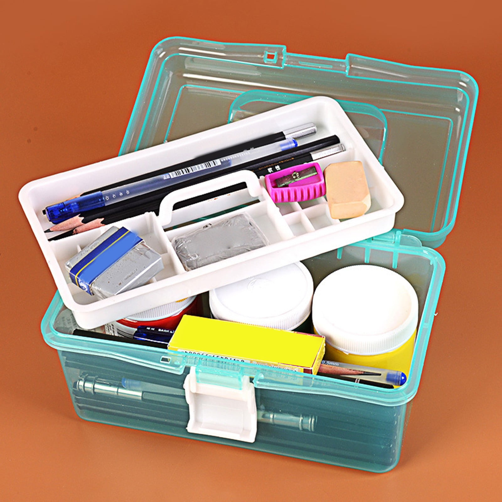 YDYB Multipurpose Plastic Storage Organizer with Removable Tray and Handle (Clear and Green, 7.1 in x 3.5 in x 4.1 in) 52shm