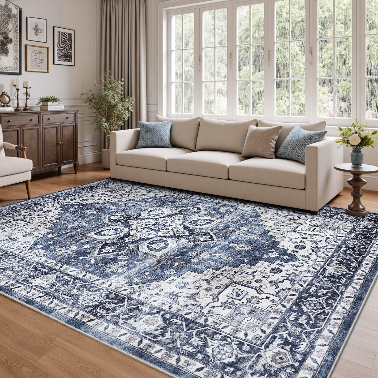 CHITOOMA Vintage Area Rug for Living Room, Machine Washable Non-Slip Carpet (Blue, 8 ft x 10 ft) 2td38
