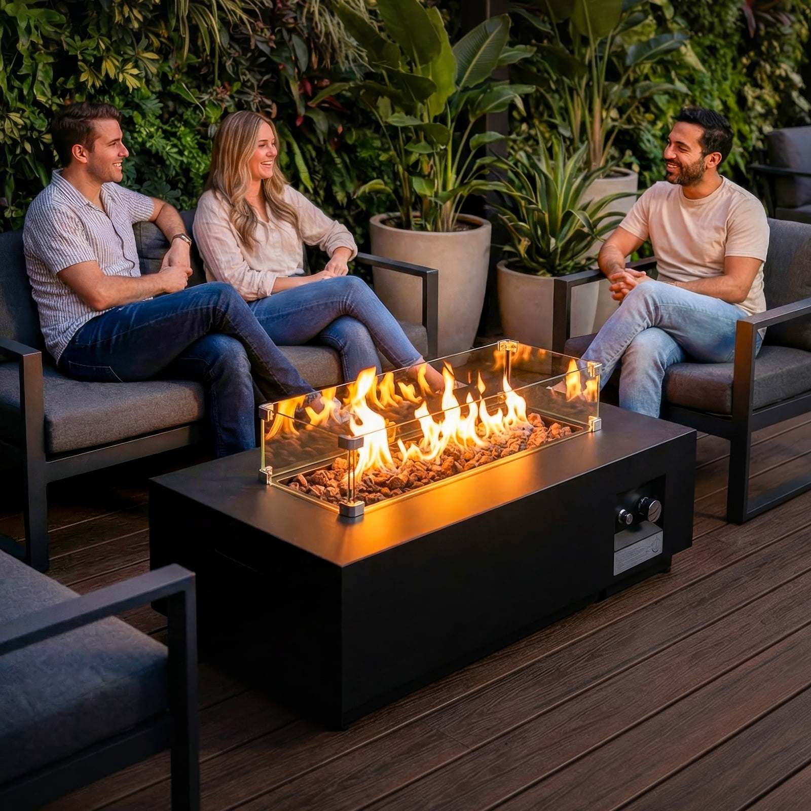 ReeQuo 42 in Rectangle Propane Fire Pit Table with Lid, Wind Guard, and Tank Hideaway (Black, 42 in) kio97