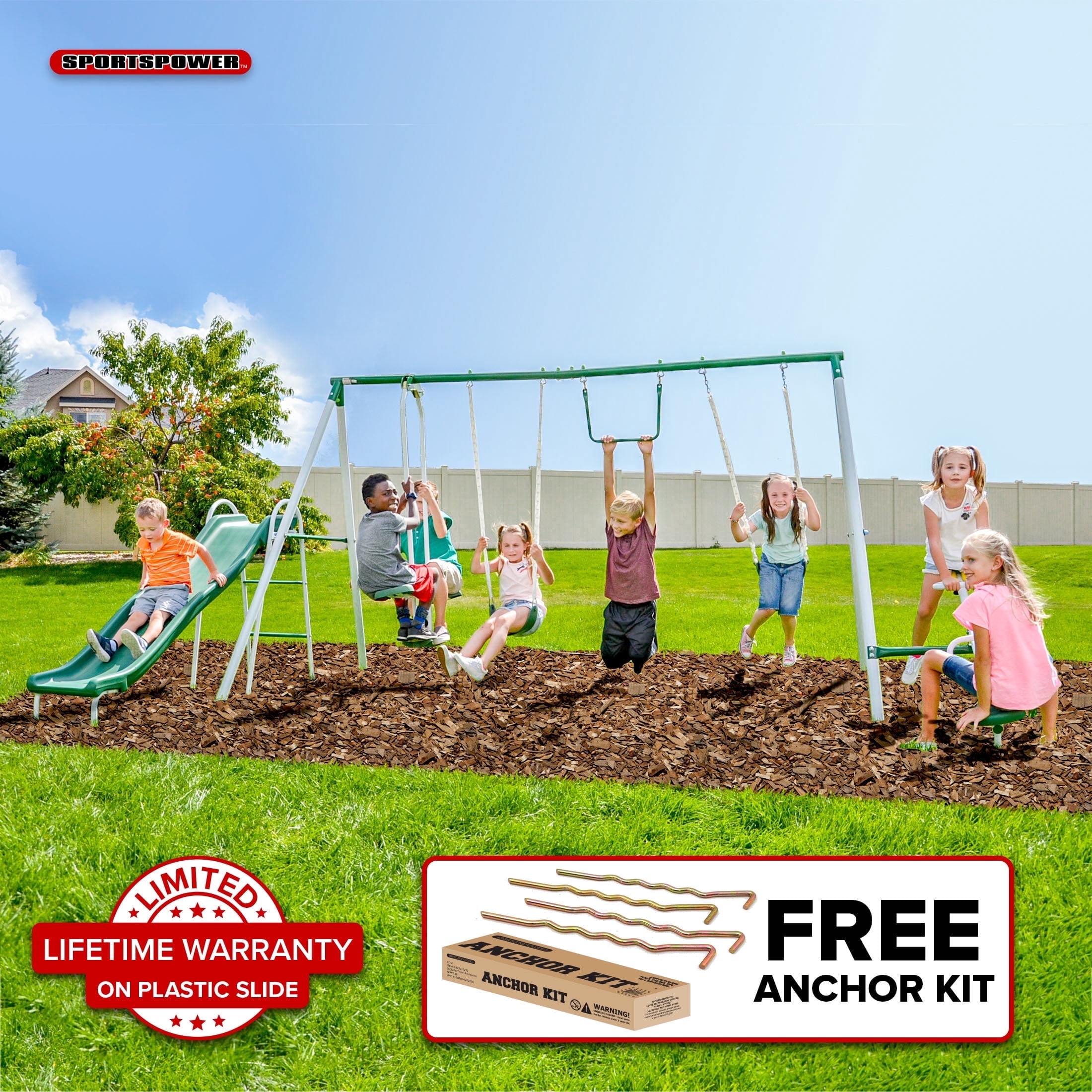 Sportspower Live Oak Metal Swing Set with 6 ft Double Wall Slide and Anchor Kit (Green) gtmnd