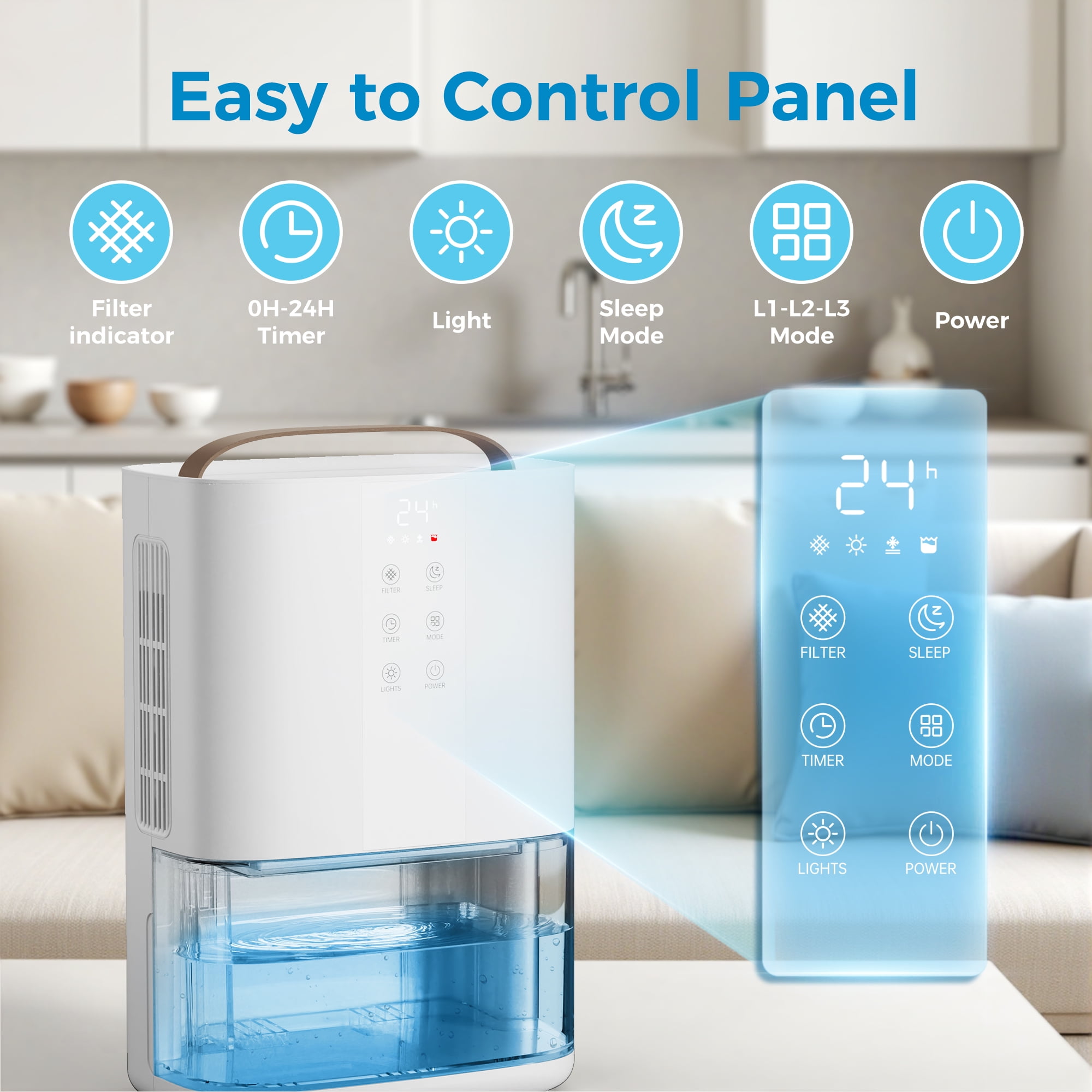 Kloudic Portable Dehumidifier for Home, Ultra Quiet Small Dehumidifier with Auto Shut Off and Sleep Mode (White, 90 oz) tigv1
