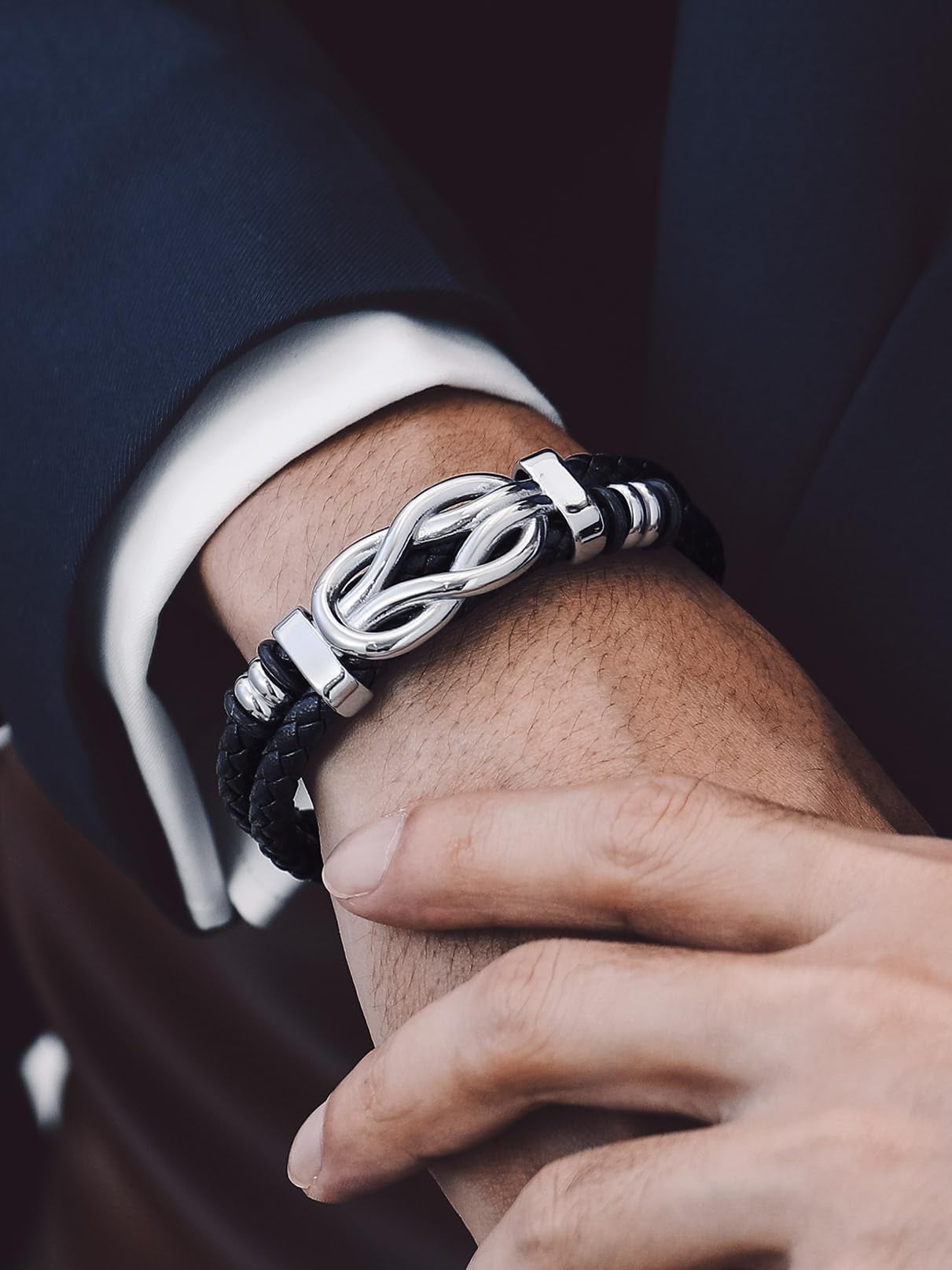 Bandmax Infinity Knot Leather Bracelet for Men, Stainless Steel Cuff with Message Card (Black, 8.3 in) vtnm0