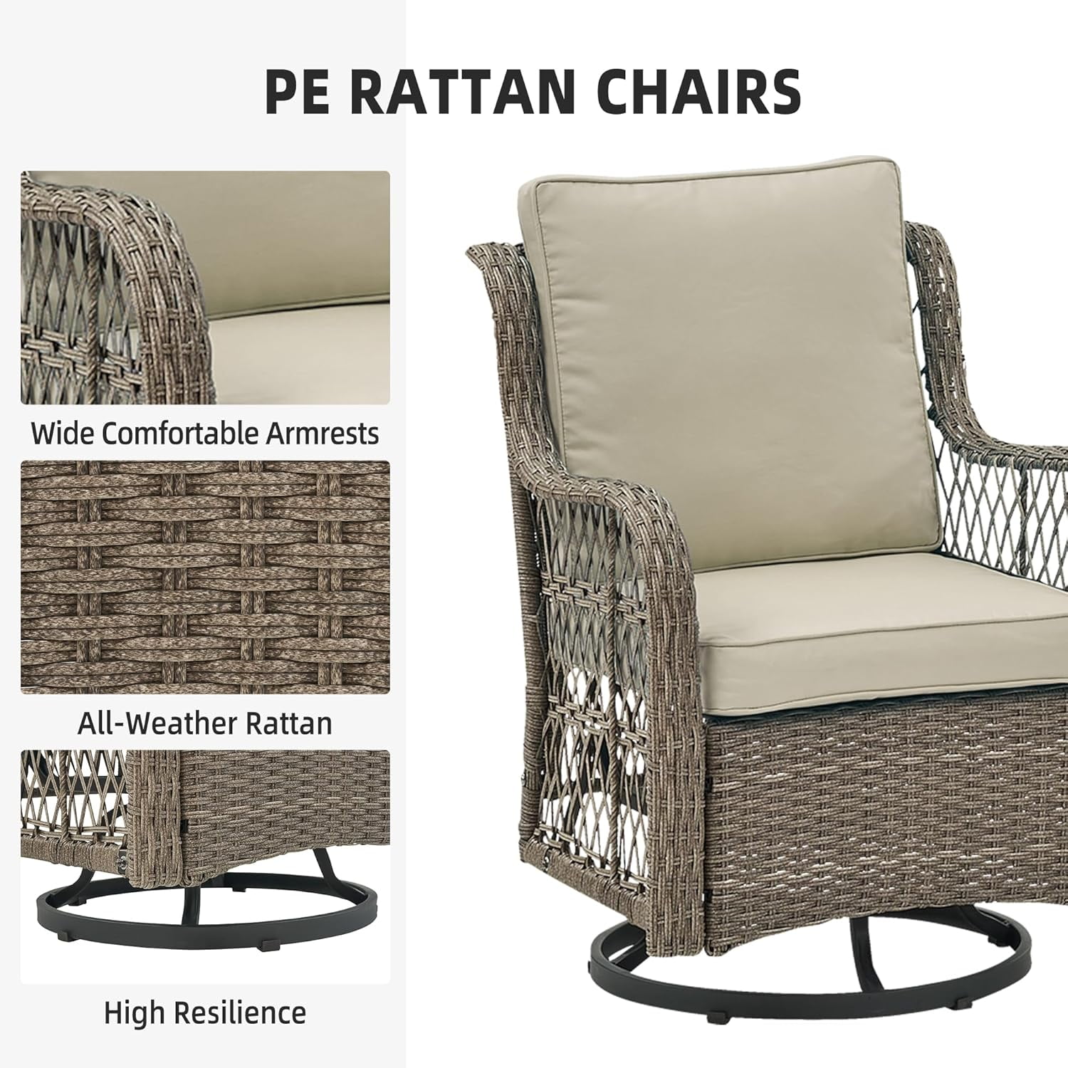IdealHouse 3-Piece Wicker Patio Swivel Rocker Set (Grey & Apricot, 2 Glider Chairs with Side Table) 9tsuc