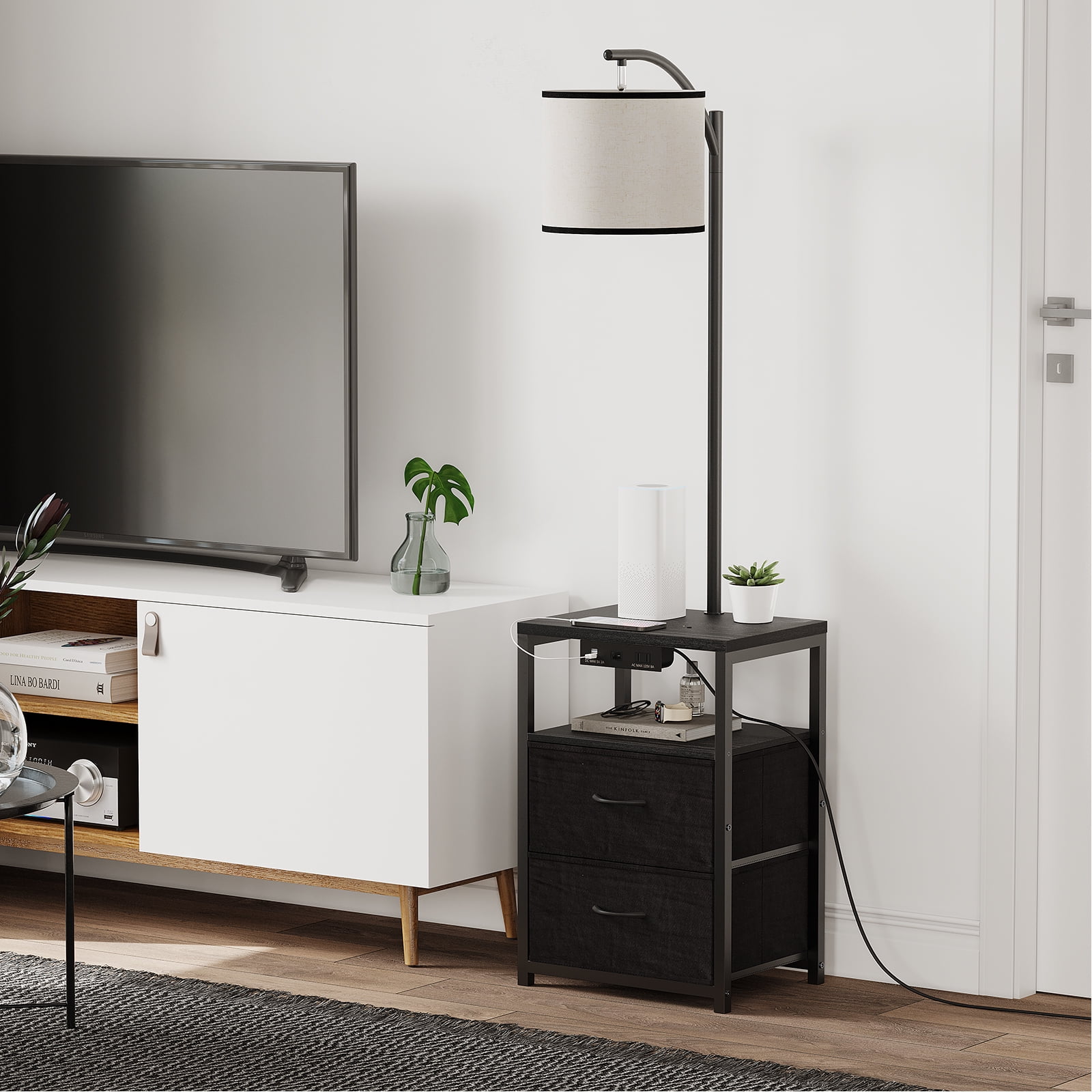 SUNMORY Floor Lamp with Side Table and 2 Drawers, Charging Station with USB Ports and Outlet, LED Bulb Included (Black) o1fik