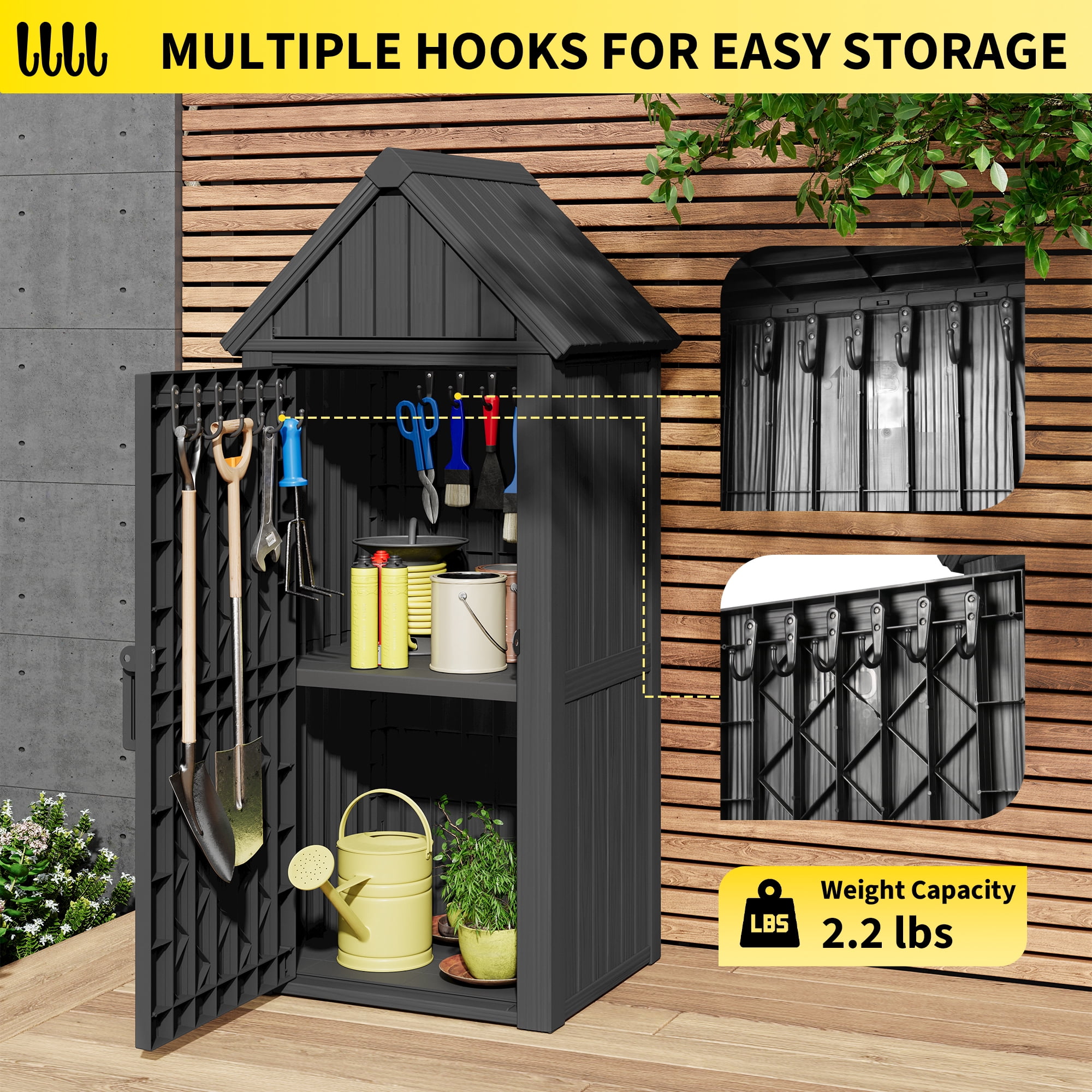 Bifanuo Outdoor Storage Shed, Weatherproof Garden Tool Cabinet with Shelves and Hooks (Black, 47.5 in x 72.9 in x 81.9 in) 39njr