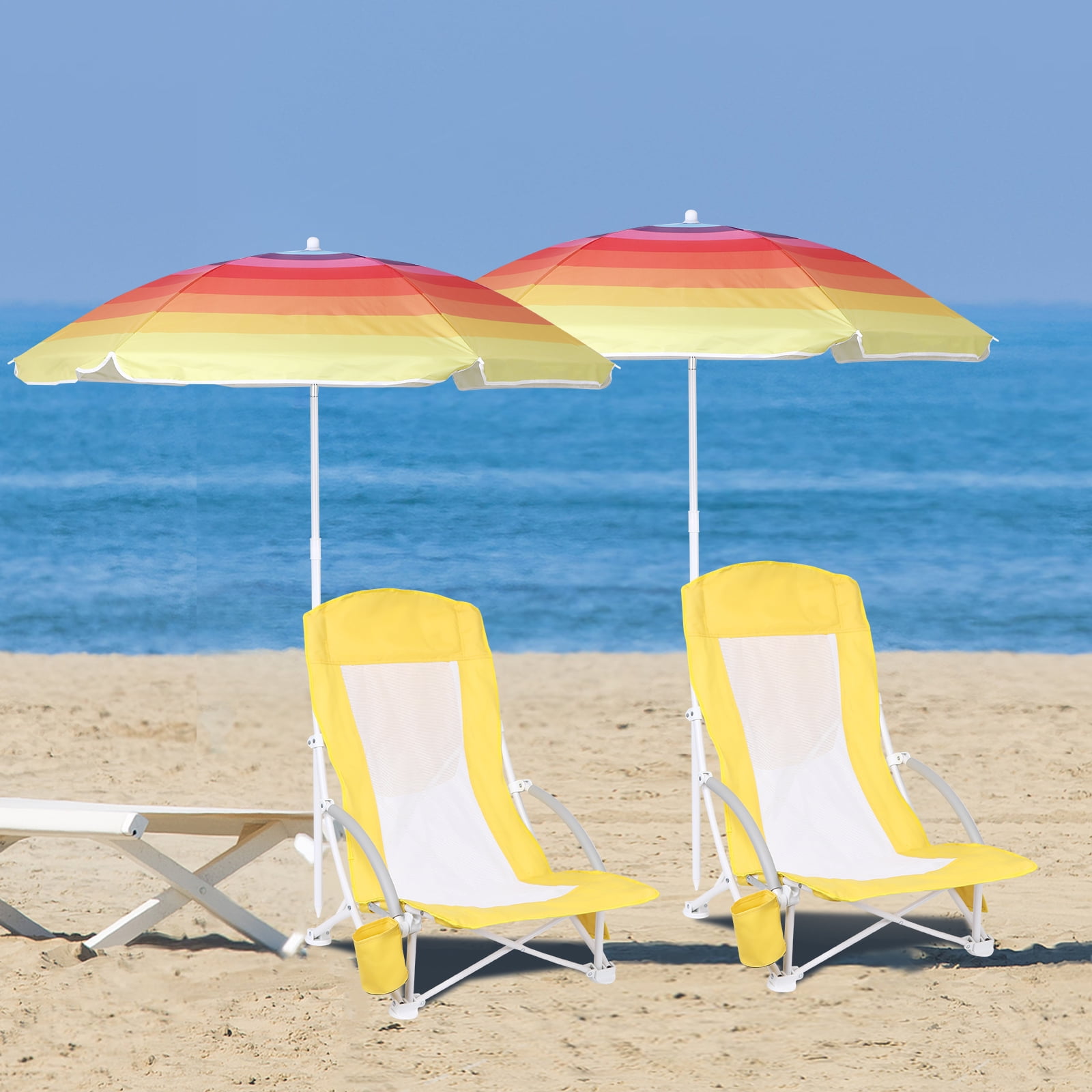 MUKE High Back Beach Chair with Cooler and Umbrella, Heavy Duty Folding Camping Chair for Outdoor Travel (Yellow, 1 Pack) fyqji