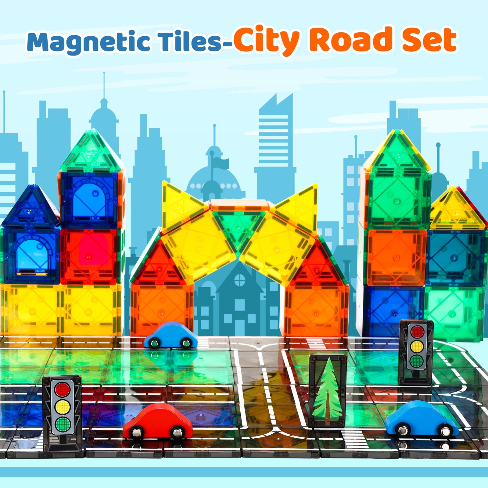 FunMagic Magnetic Tiles Road Set, STEM Building Blocks with 2 Cars, Creative City Construction Toy (Black, 60 Pieces) l1m5x