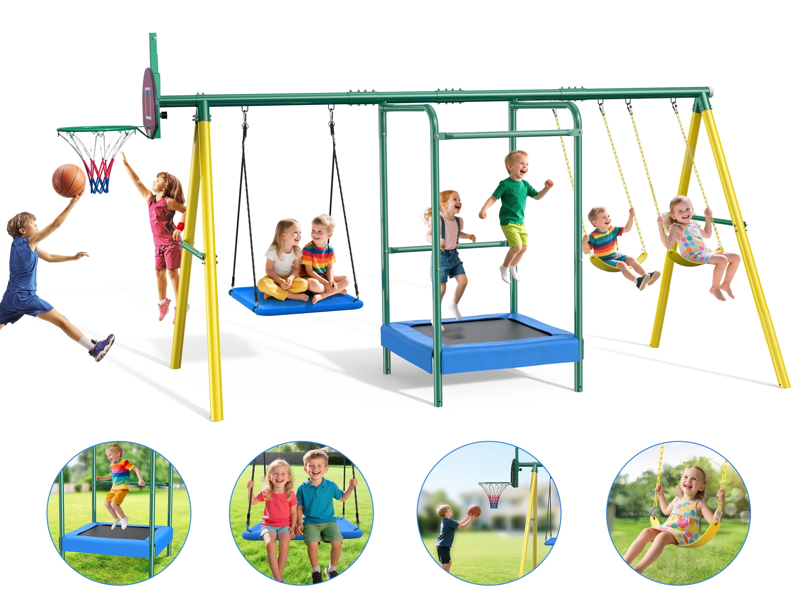 Easoger Metal Swing Set for Backyard, Heavy-Duty Outdoor Kids Playset with Trampoline, Platform Swing, 2 Swings and Basketball Hoop (11.1 ft L x 8.3 ft W x 6.1 ft H) mry3p