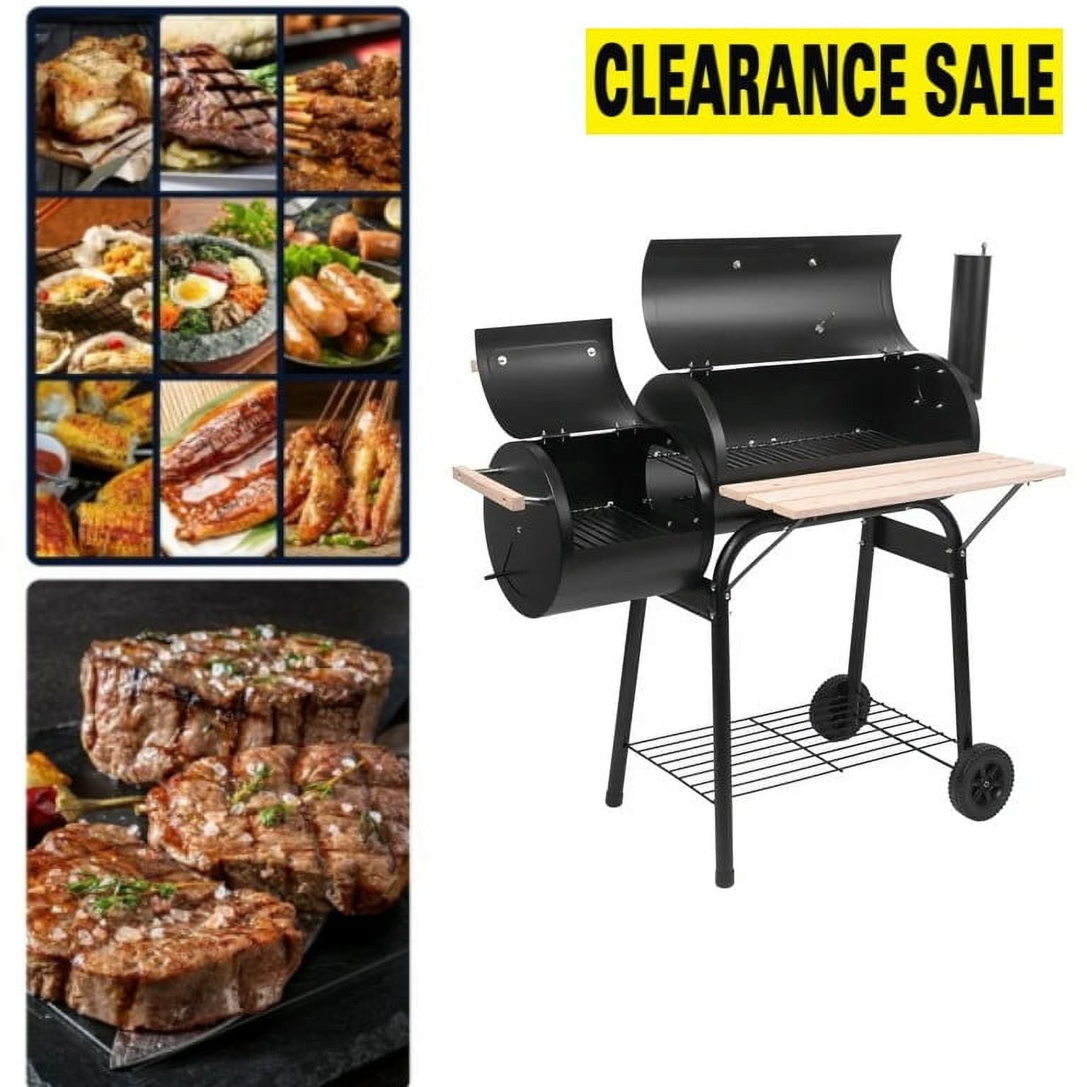 Bitiwend Charcoal Grill with Offset Smoker, Outdoor BBQ Grill with Side Table and Temperature Gauge (Black) zn2hj