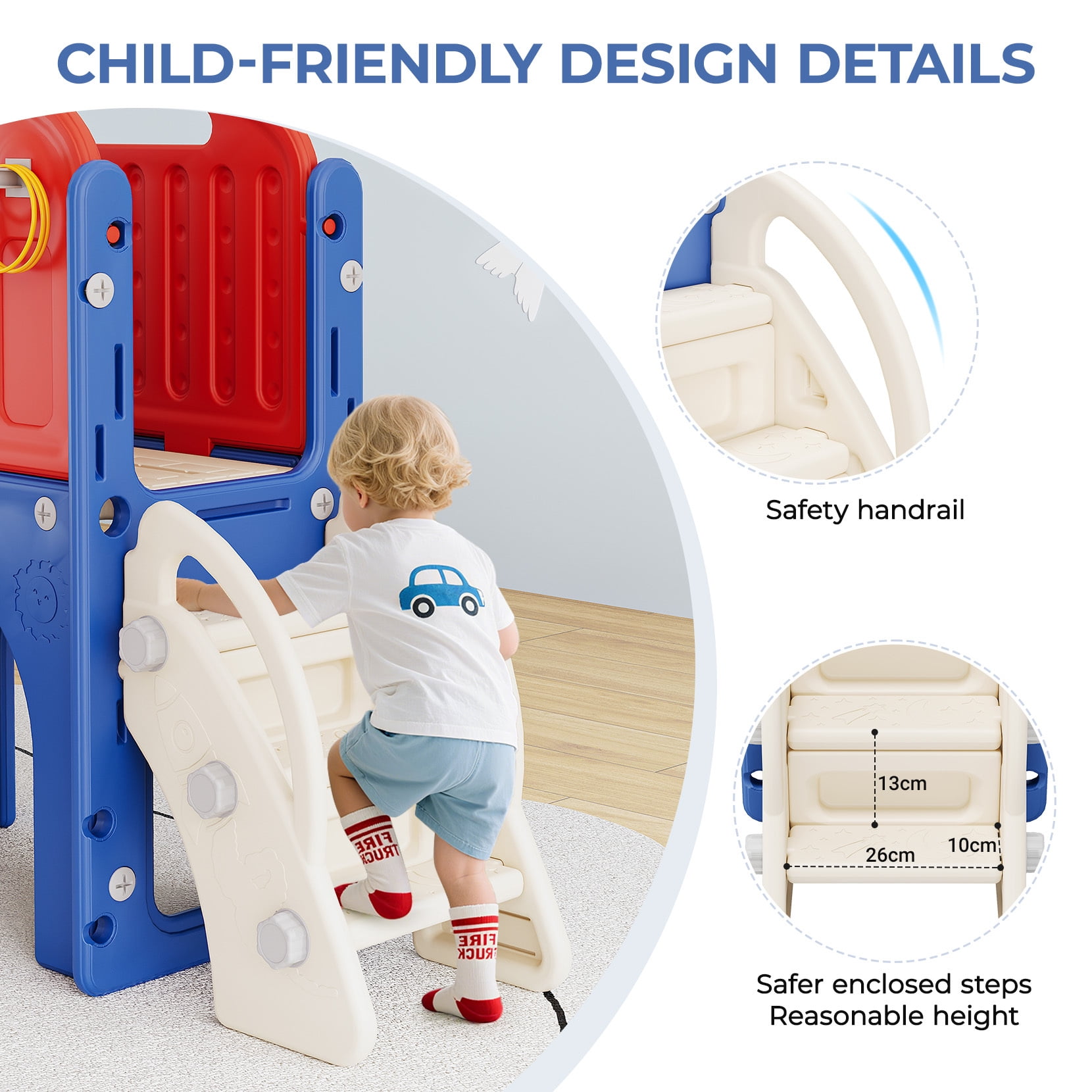 Bobiber 11-in-1 Toddler Playground Slide and Activity Center (Blue/Red, 1 Unit) gxwhr