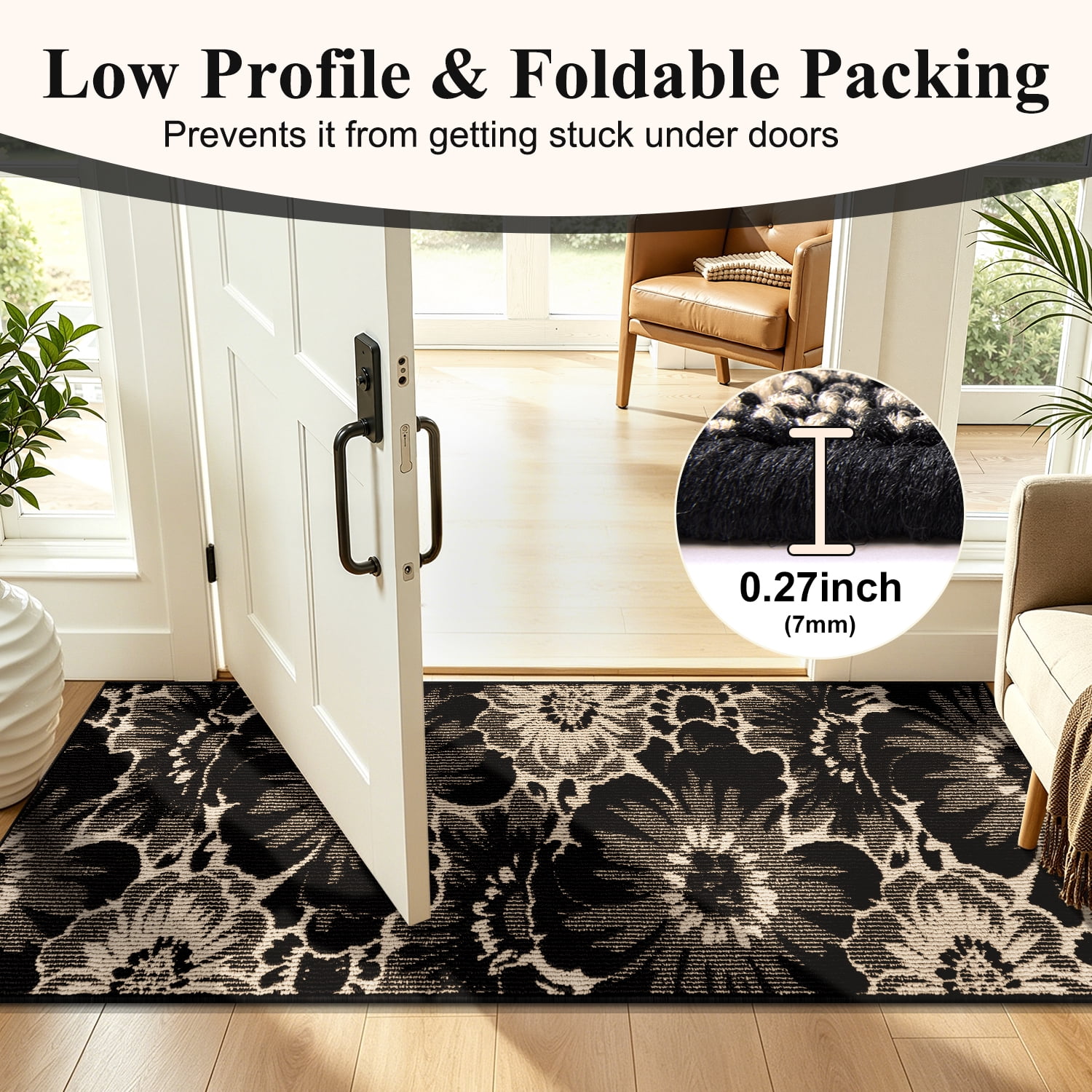 Findosom Non-slip Runner Rug for Hallway, Machine Washable Low Pile Floor Mat with Rubber Backing (Black, 24 in x 60 in) de0b1