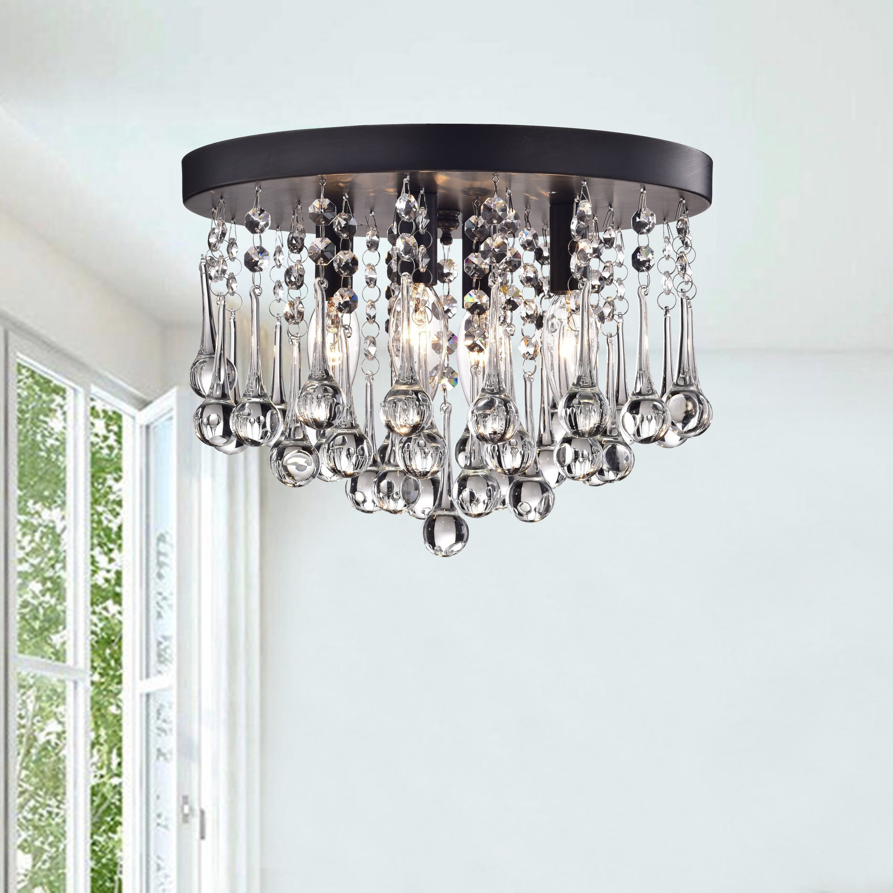 The Lighting Shop Claudia 4-Light Flush Mount Ceiling Fixture with Clear Crystal Drops (Black, 15 in) iozth