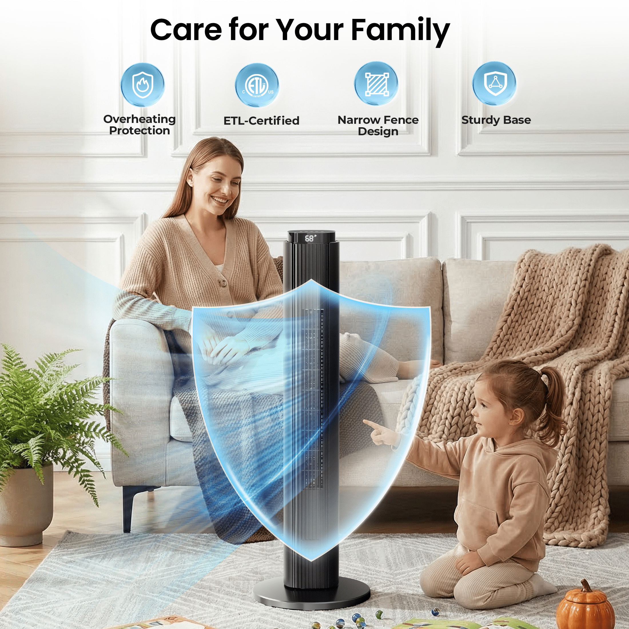 KissAir 37 in Tower Fan with Remote, 6 Speeds, 90 Degree Oscillation, Quiet Bladeless Cooling for Home and Office (Black, 37 in) 28axd