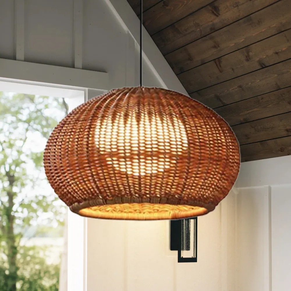 LittleGlovo Hand-woven Rattan Chandelier Waterproof Outdoor Hanging Light (Natural, 12 in) e5toj