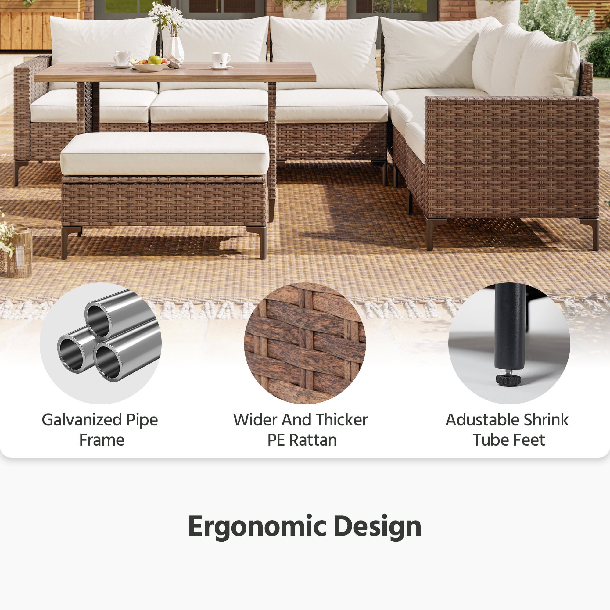 Lausaint Home 8-Piece Patio Furniture Set, Outdoor Wicker Conversation Set with Adjustable Backrest and Storage Ottoman (Beige, 8-Piece) ba36w