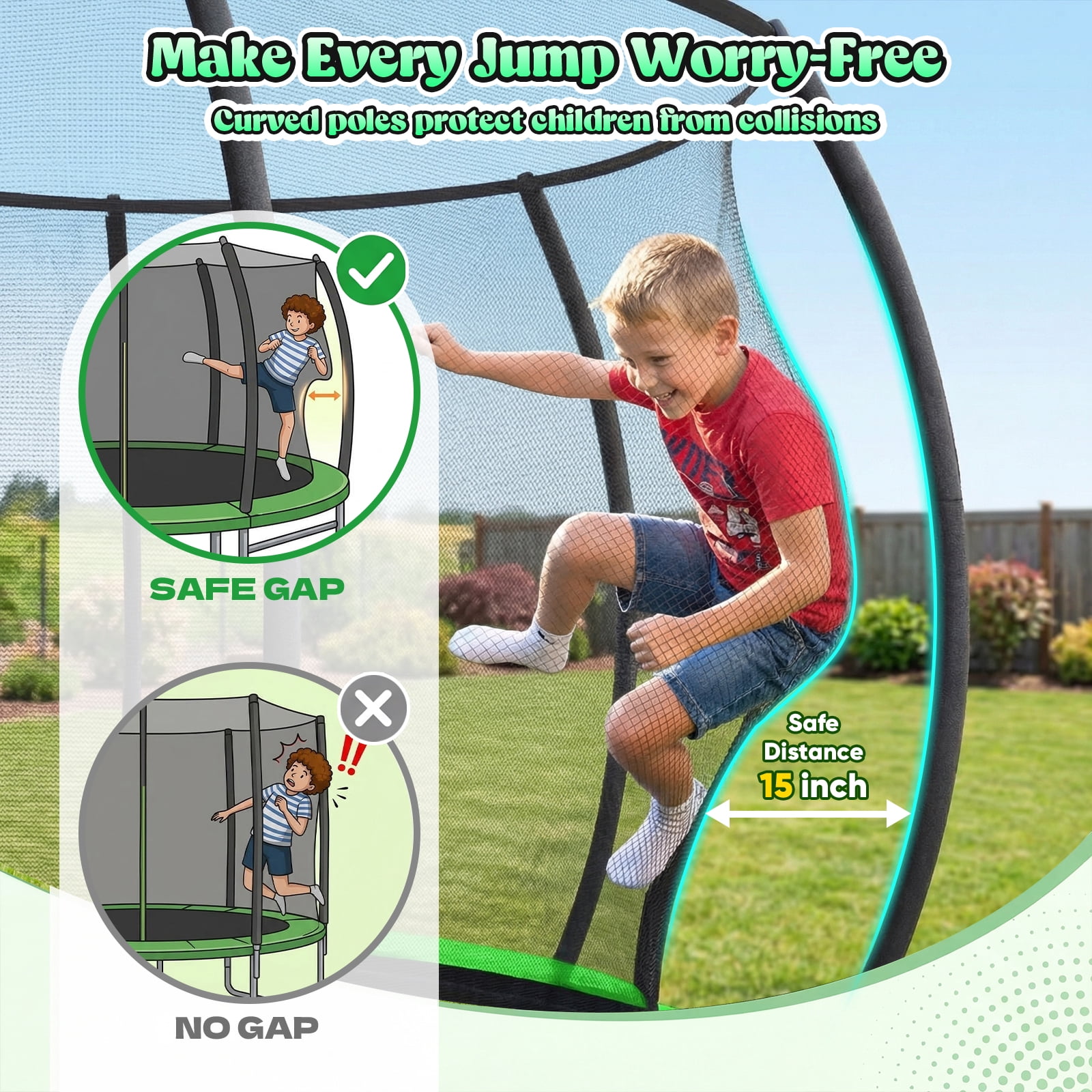 Gardwin Round Outdoor Trampoline with Safety Enclosure, Ladder, Sprinkler, and Basketball Hoop (Green, 12 ft) 8w8tp
