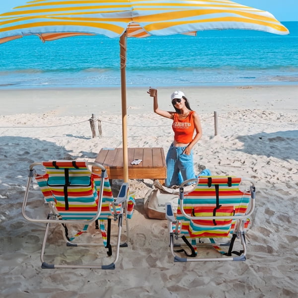 AsterOutdoor Folding Beach Chair with Adjustable Backrest and Cup Holder (Rainbow Stripes, 220 lb Capacity) d2h9m