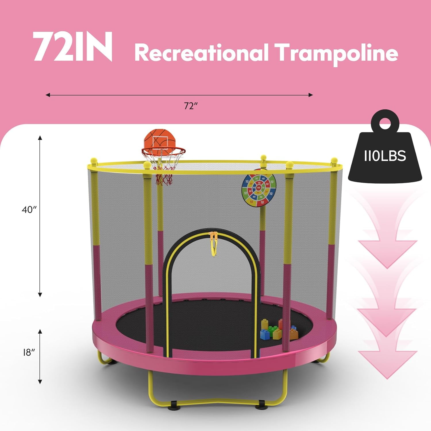 EAYSG 72 in Kids Trampoline with Safety Net, Basketball Hoop and Dart Board (Pink, 72 in) jmujb