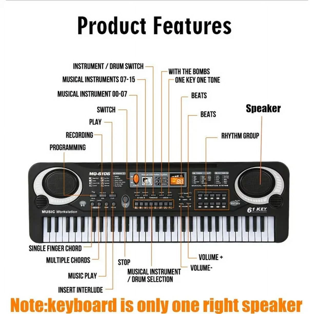 Haokaini 61-Key Electronic Piano Keyboard for Kids with Microphone (Black, 21.3x6.7x2.1 in) jwyct