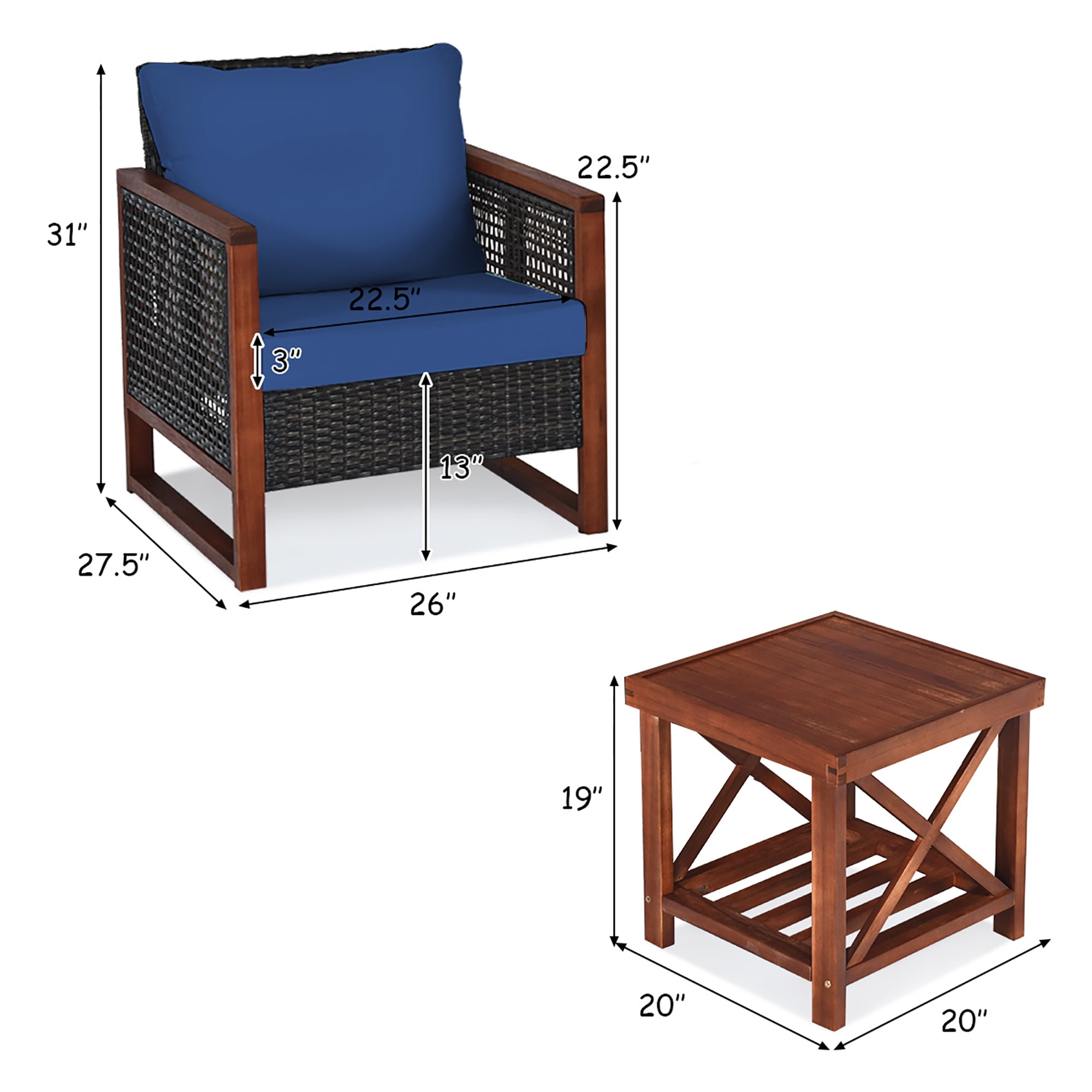 Gymax 3-Piece Rattan Wicker Patio Conversation Set with Navy Cushions (Acacia Wood Frame) 2o7cx