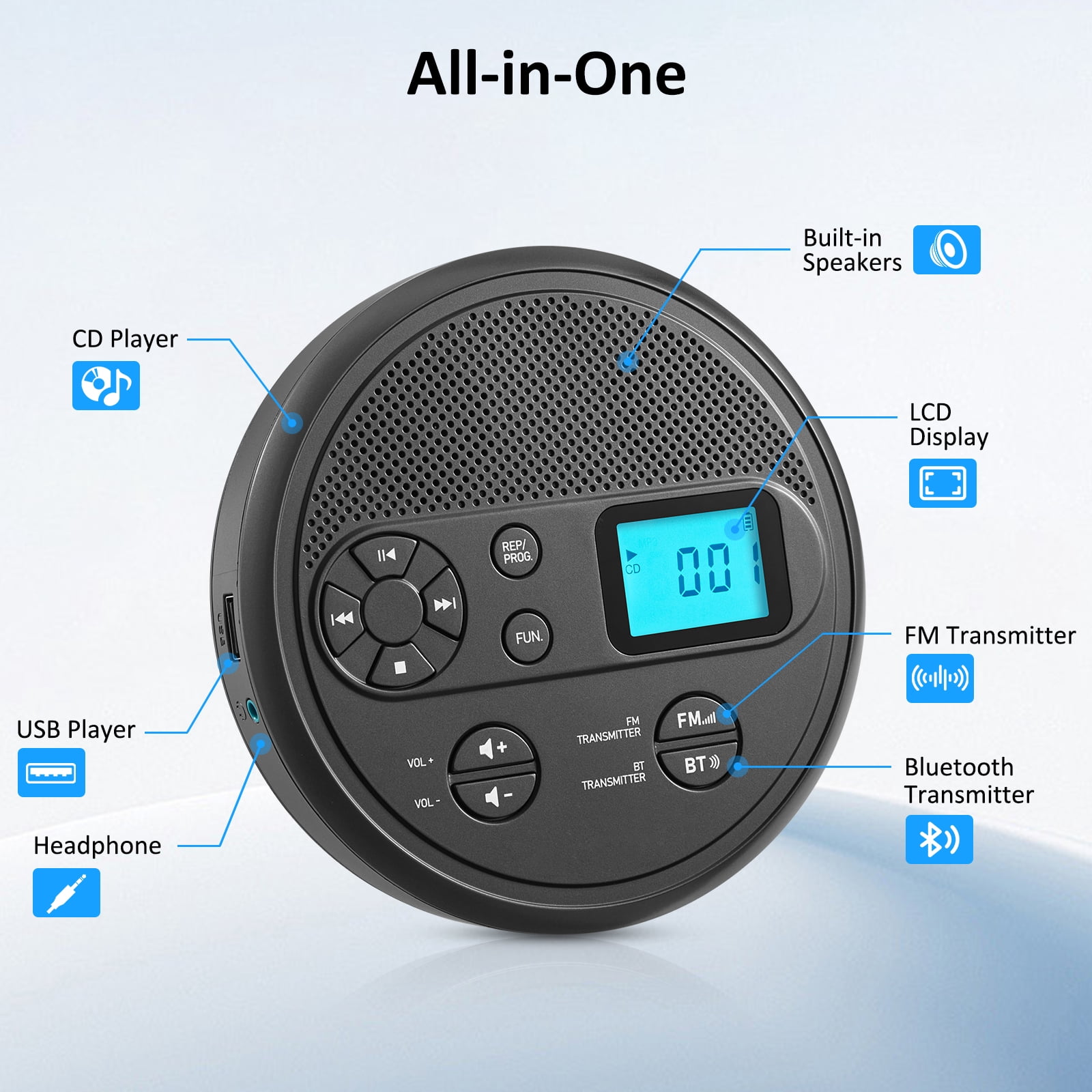 Generic Portable CD Player with Bluetooth and FM Transmitter (Grey, 1 Unit) z11xh