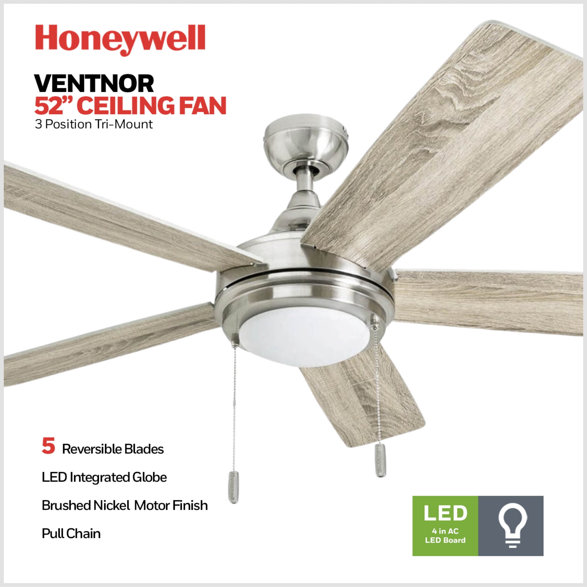 Honeywell Ventnor 52-in Modern LED Ceiling Fan with Integrated Light (Brushed Nickel, 52-in) ji6ap
