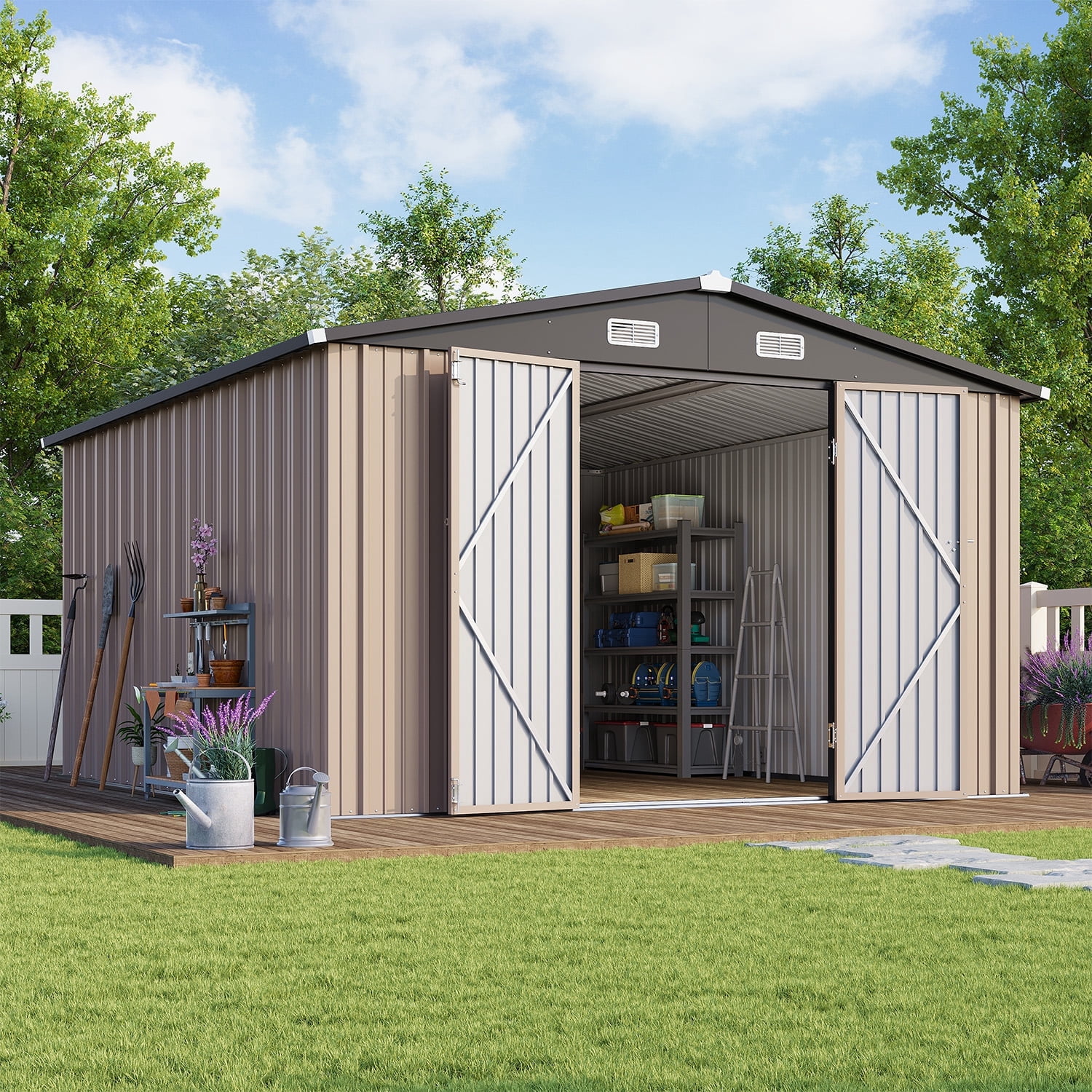 Clouddwell Outdoor Storage Shed, Heavy-Duty Metal Garden Utility Building with Lockable Double Doors and Sloped Roof (Brown, 10 ft x 12 ft) 5u1zr
