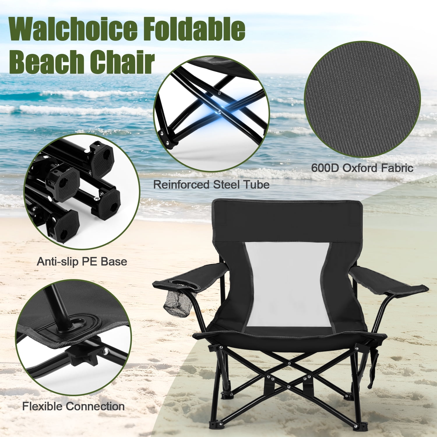 Walchoice Folding Beach Chair for Adults, Heavy Duty Portable Camping Chair with High Back and Cup Holder (Black, 30.7 in Wide) pt18e