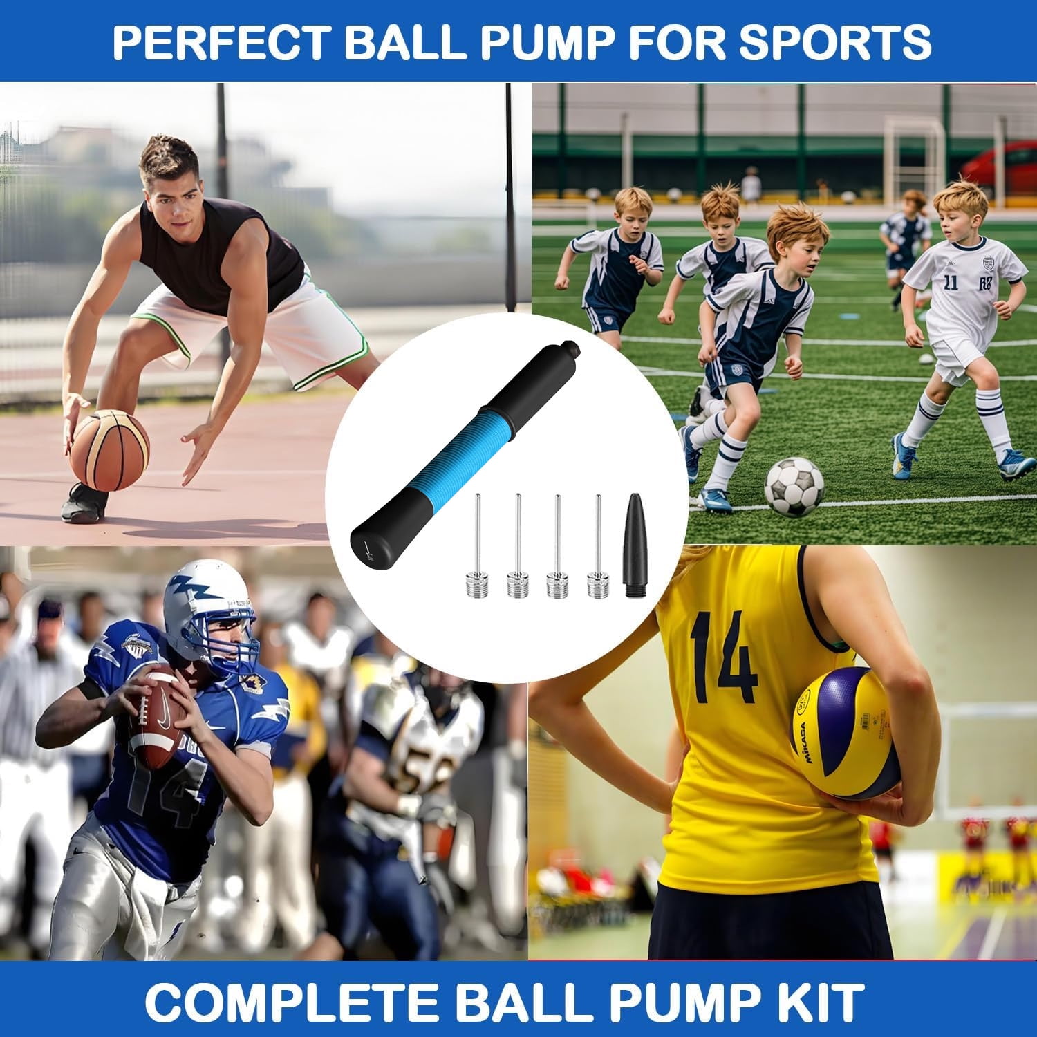 Fenxyo Portable Sports Ball Pump with Built-in Needle Storage and Extendable Hose (Blue, 1 Pack) c5js4
