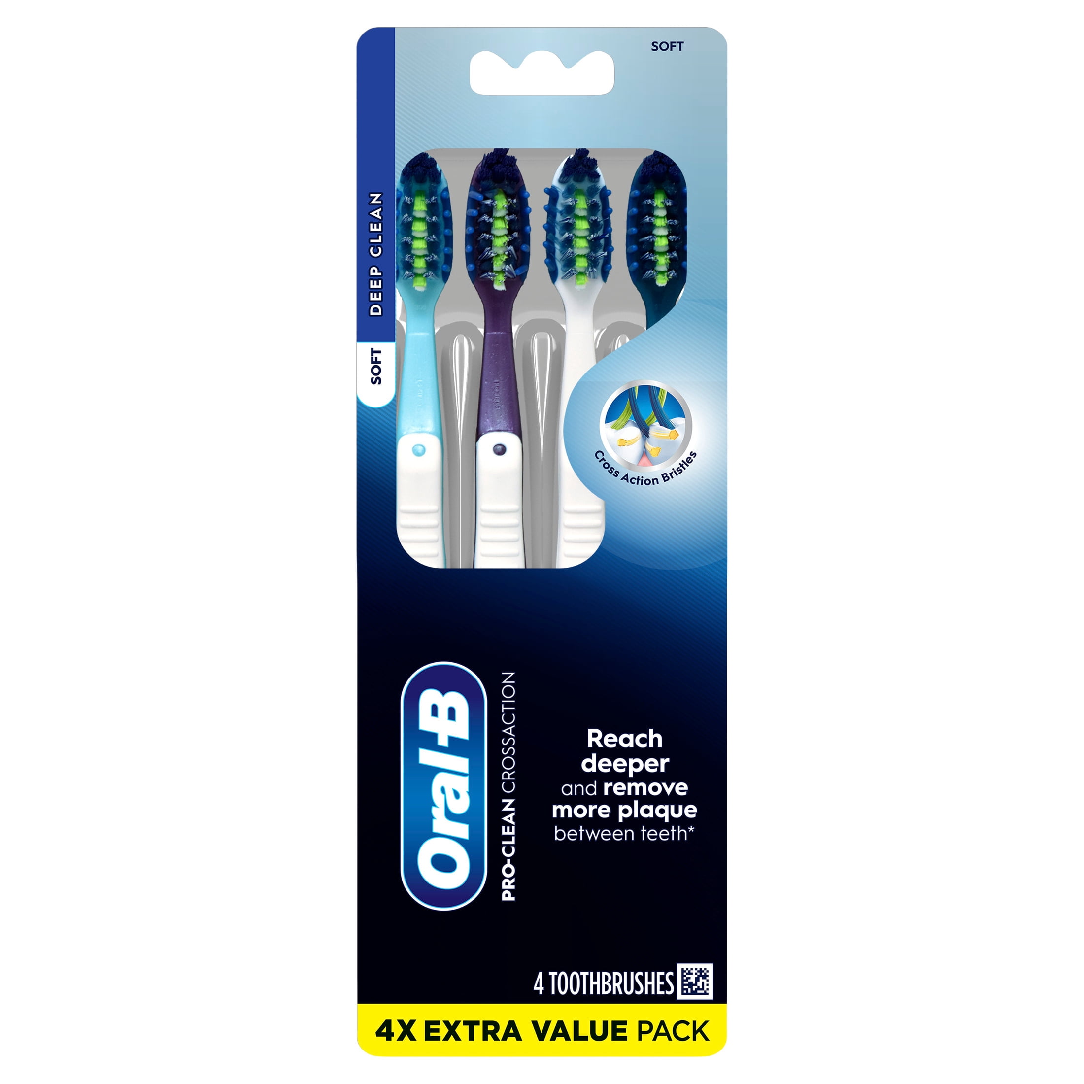 Oral-B Pro-Clean CrossAction Manual Toothbrush, Soft Bristles, Plaque Removal (Assorted Colors, 4 Count) 4d7qh
