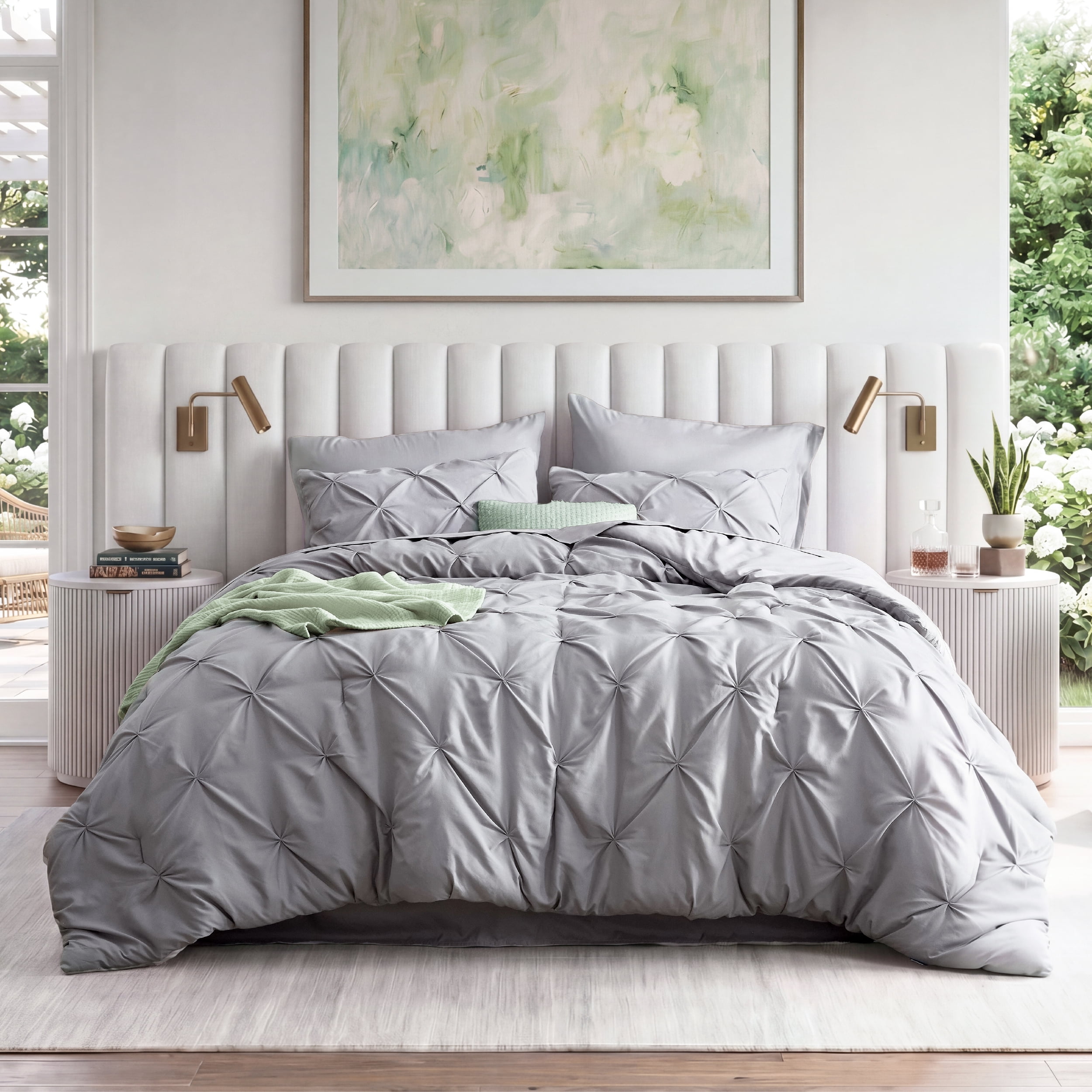 U by Bedsure Queen Comforter Set (Grey, 7-Piece Pinch Pleat All-Season Bedding) f1ptv