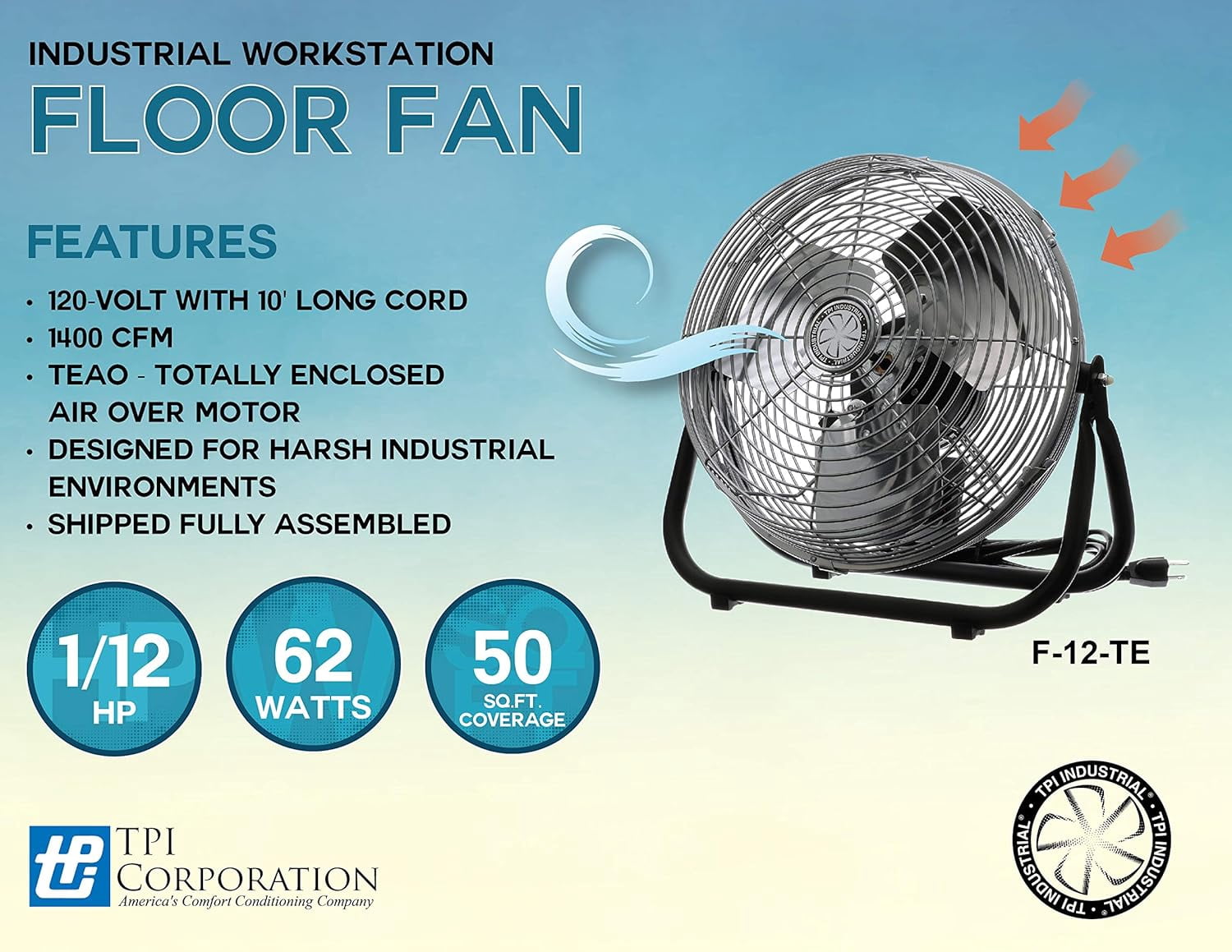 TPI Corporation Industrial Floor Fan, High-Velocity Air Circulator with 3-Speed Control (Silver, 12 in) w1usp