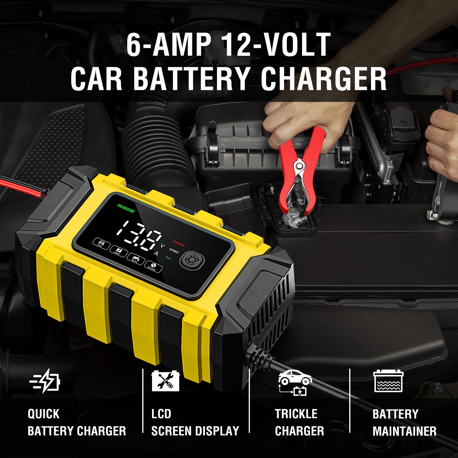 HUSGW 12V 6Amp Smart Automatic Battery Charger (Lead Acid, 2Ah-150Ah) 32df9