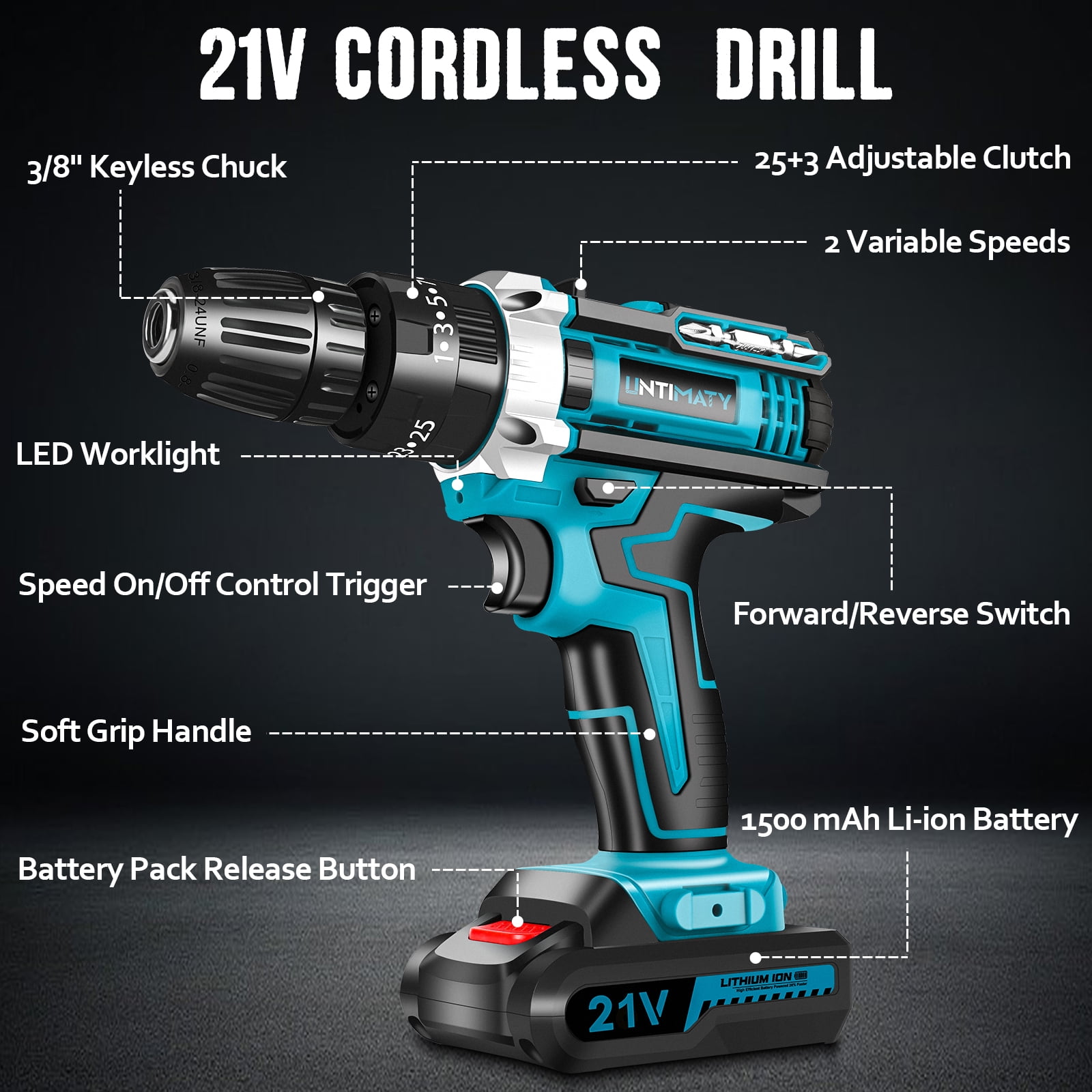 UNTIMATY 21V Cordless Power Drill Set with Battery and Charger (Blue, 3/8 in Chuck) zhzbb