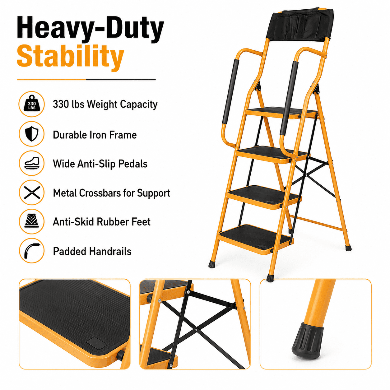 Alvantor 4-Step Iron Ladder with Handrails and Tool Bag (Ginger Yellow, 330 lb Capacity) szhpg