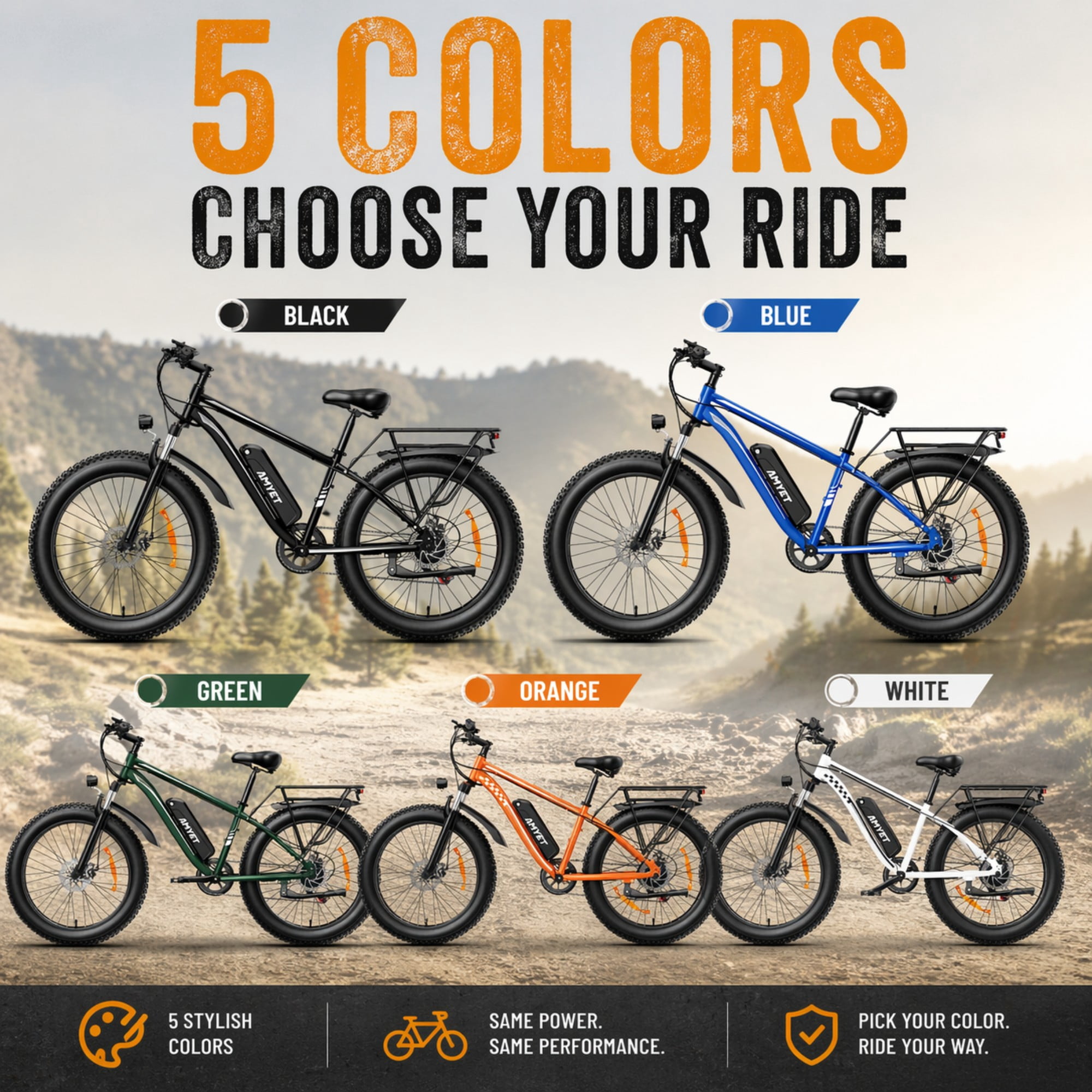 AMYET EB26 Electric Mountain Bike, 1500W Peak Motor, 26 in Fat Tire Ebike, 48V 15Ah Battery (Black, 26 in) pzb74