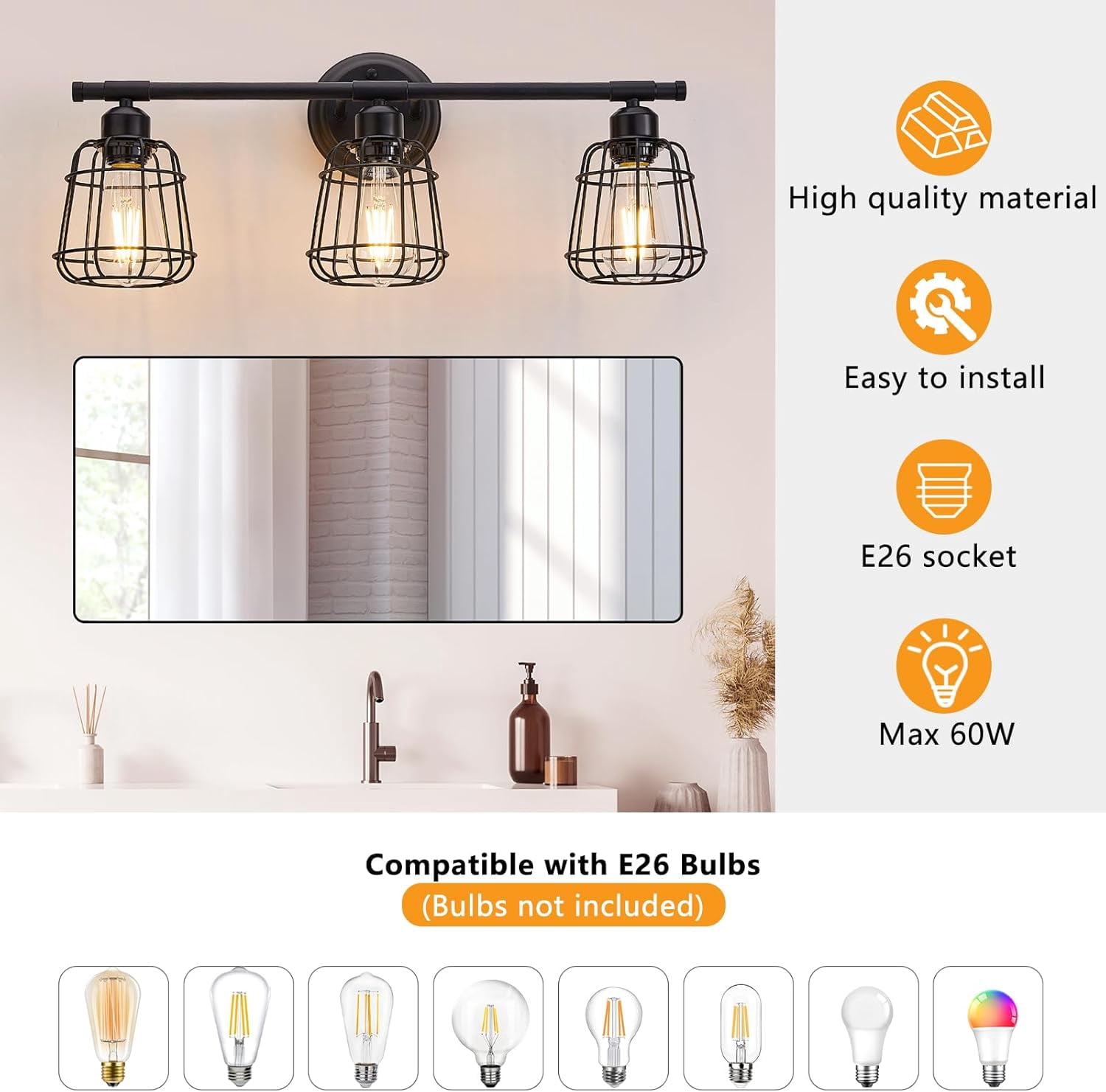Licperron 3-Light Bathroom Vanity Fixture, Industrial Cage Shade Wall Lighting, Matte Black (18.11 in Wide) qit2a