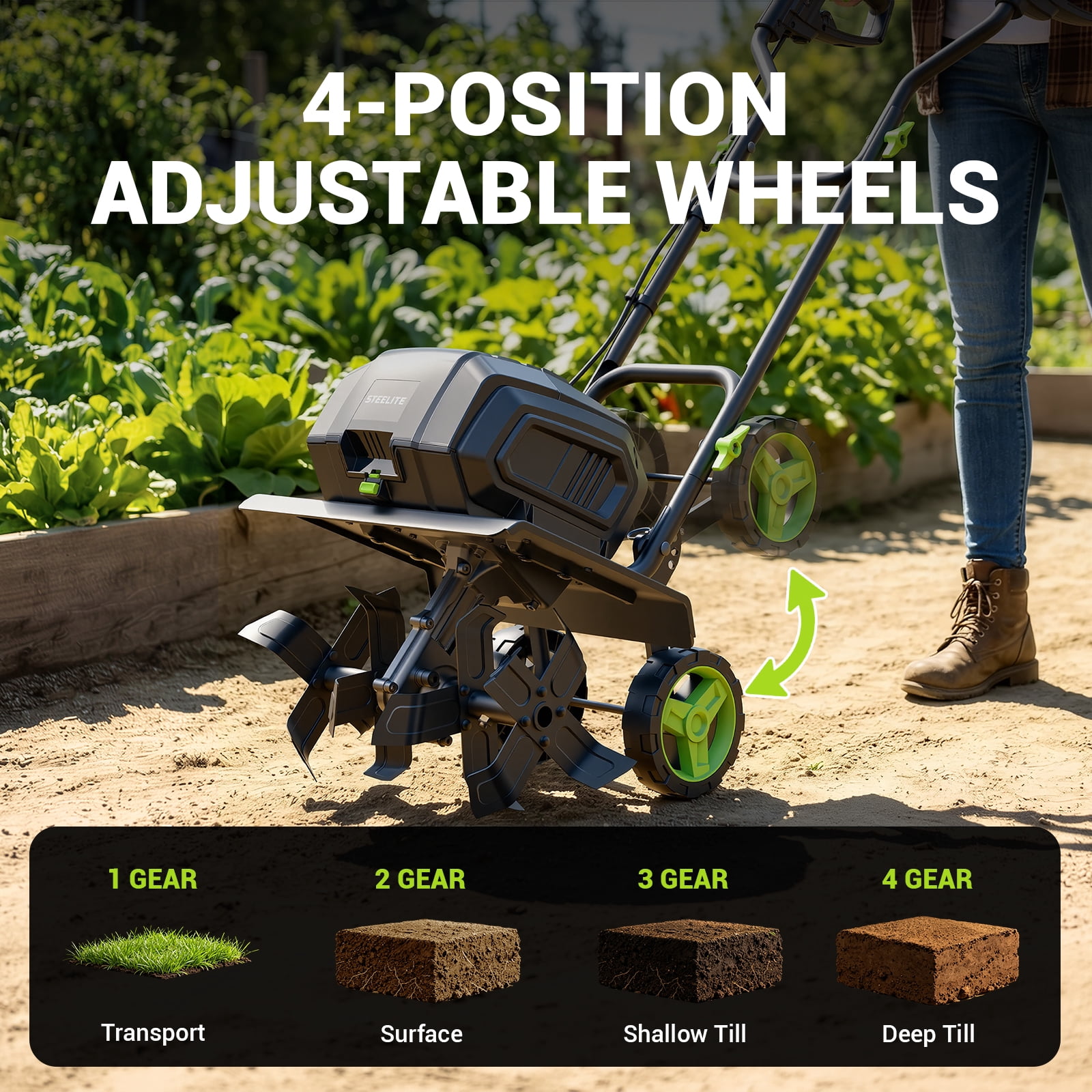 Steelite 42V Cordless Garden Tiller with Brushless Motor, 14-Inch Width, Includes Dual 4.0 Ah Batteries 972uf