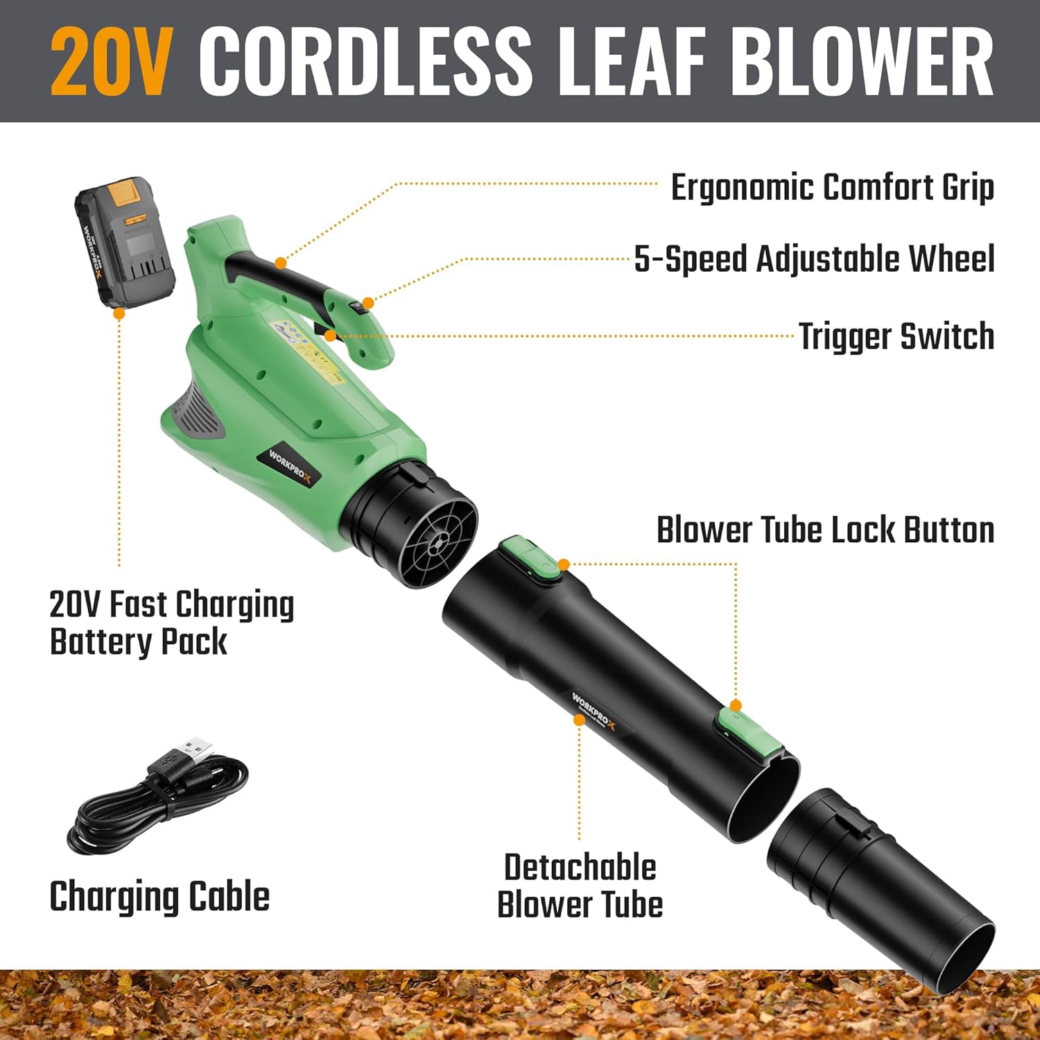 WORKPROX Cordless Leaf Blower, 20V Electric Power Blower with 4.0Ah Battery, Variable Speed Control for Lawn and Patio Maintenance (6.5 lb) 1ogff