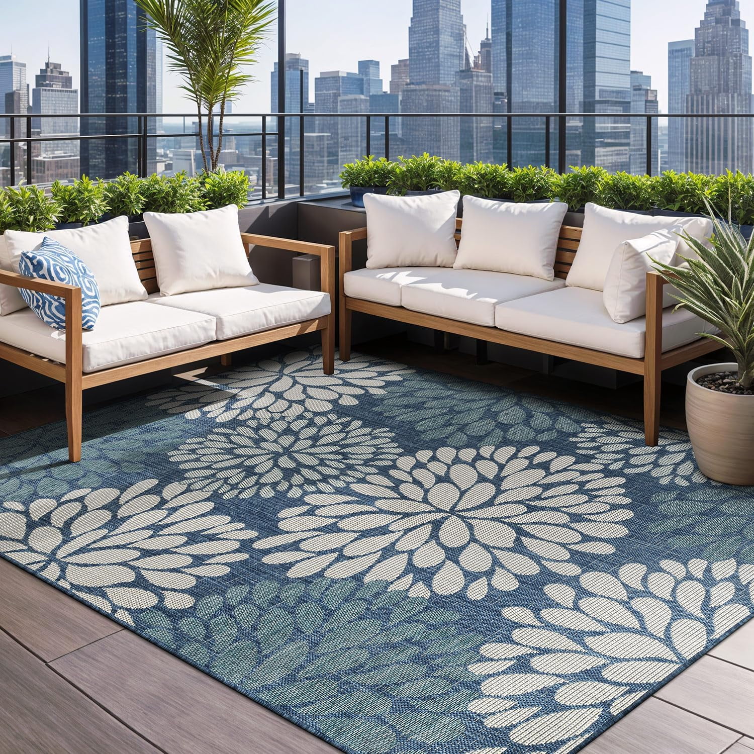 Beverly Rug Modern Floral Indoor Outdoor Area Rug (Blue, 5 ft x 7 ft) zy35d