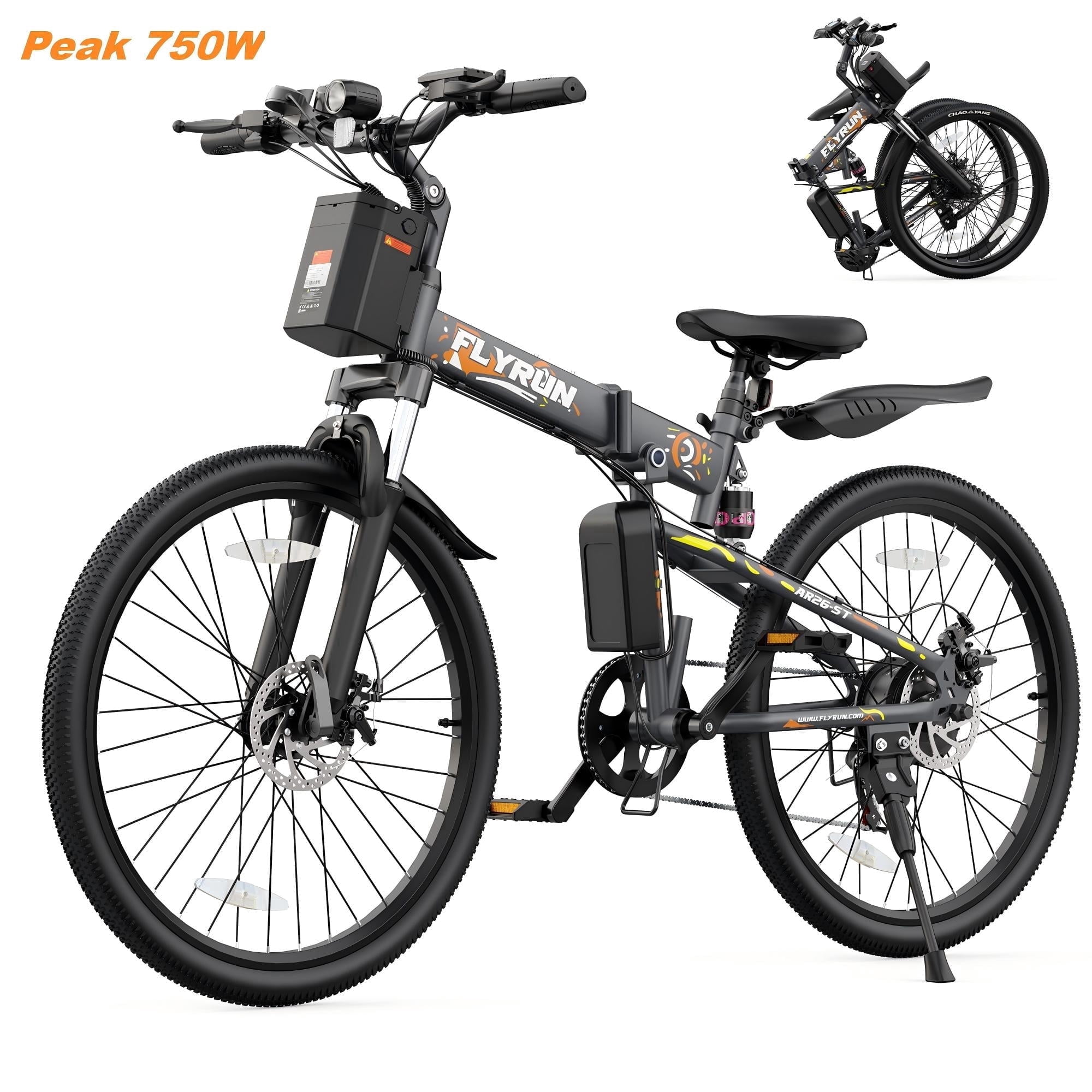 FLYRUN 26 in Electric Bike for Adults, Foldable E-bike with 750W Peak Motor, 20 MPH, 48V Removable Battery, Full Suspension (Grey, 26 in) kl148
