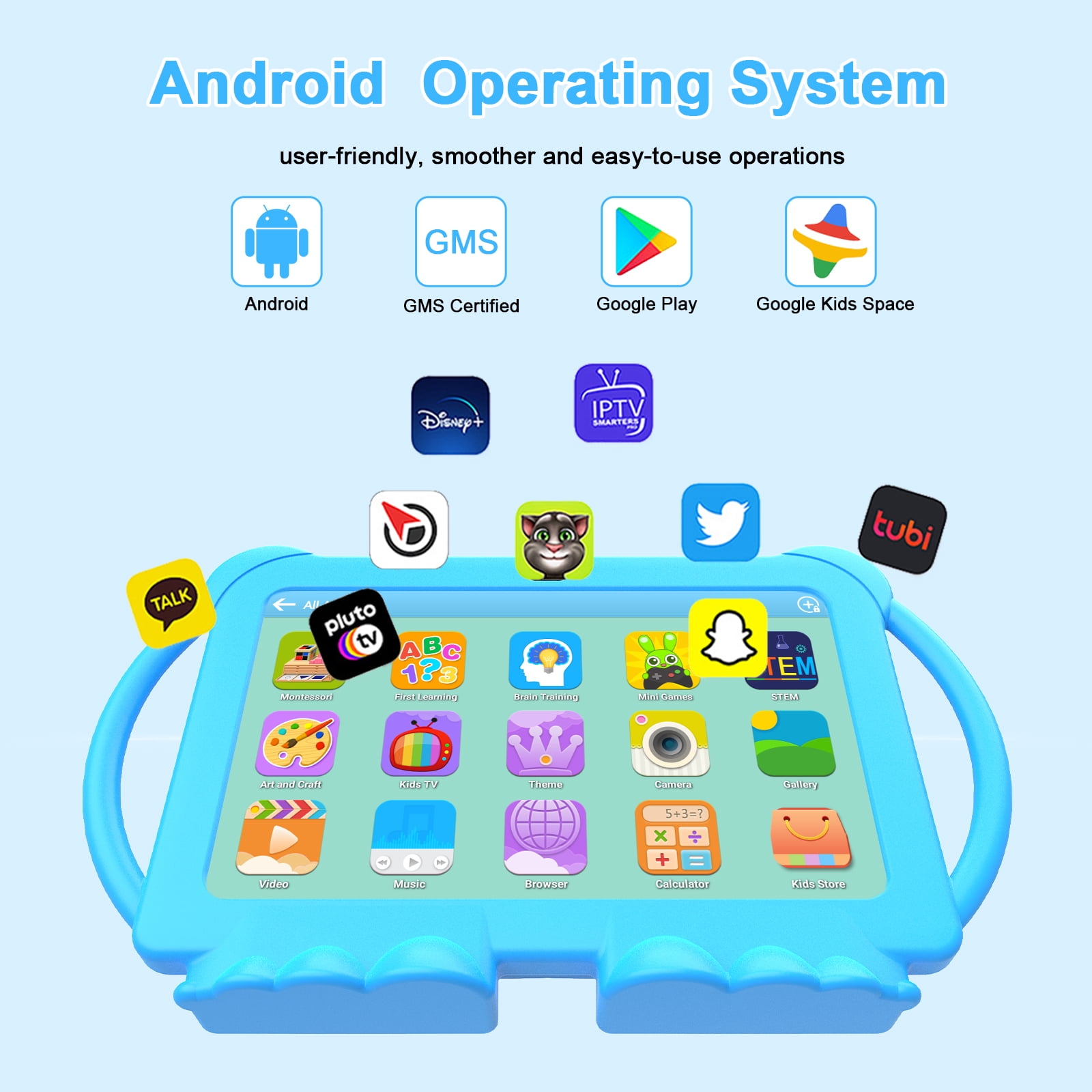 HDTABLET 7 in Android Kids Tablet with Parental Control, Educational Learning Device, Shockproof Case (Blue, 32GB) wkyof