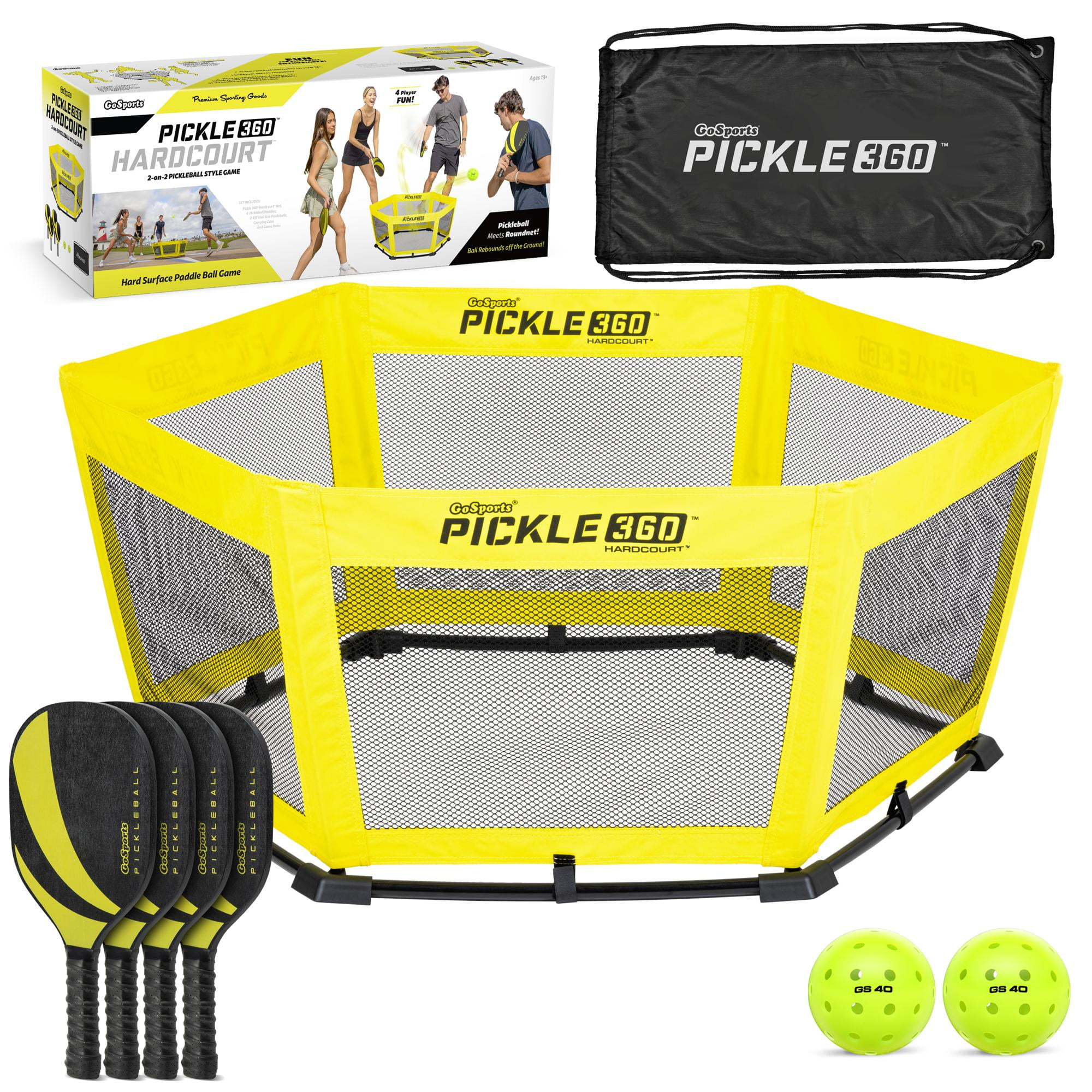 GoSports Pickle 360 Hardcourt Game Set, Hybrid Pickleball & Roundnet Paddle Ball (Yellow, 4-Player Set) ibuwl
