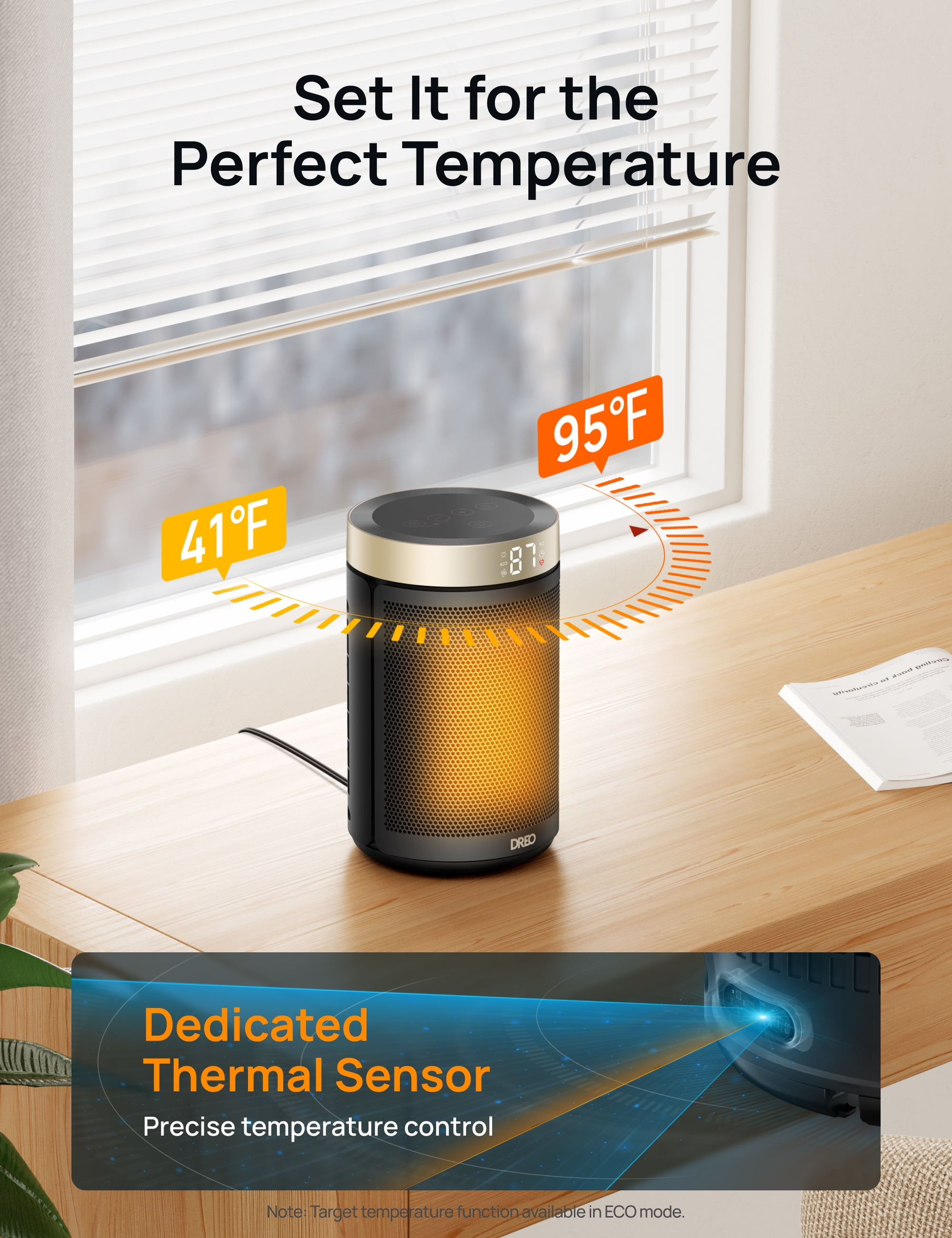 DREO Portable Electric Space Heater with Remote and Thermostat (Gold, 1500W) ad66s