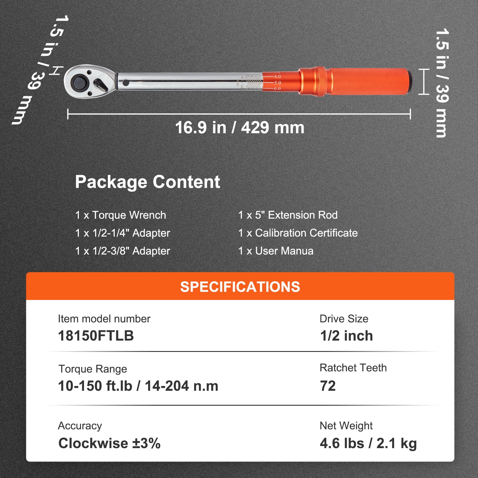 KFFKFF 1/2-inch Drive Torque Wrench Set, Dual-Direction Click Mechanism, 10-150 ft.lb Range (Orange, 1 Set) 5h8l6