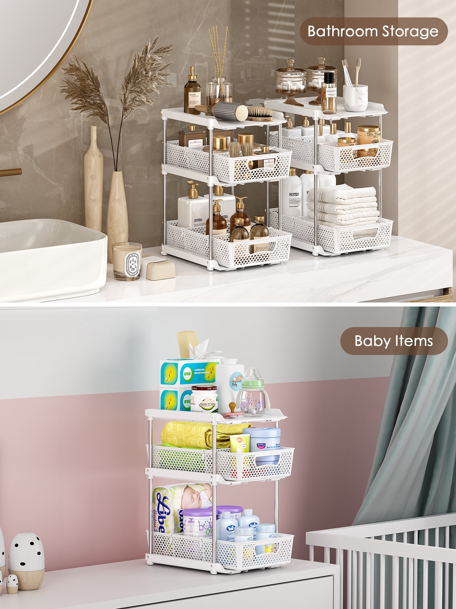 Taimasi 3-Tier Under Sink Organizer and Bathroom Storage Shelf (White, 2 Pack) la2d6