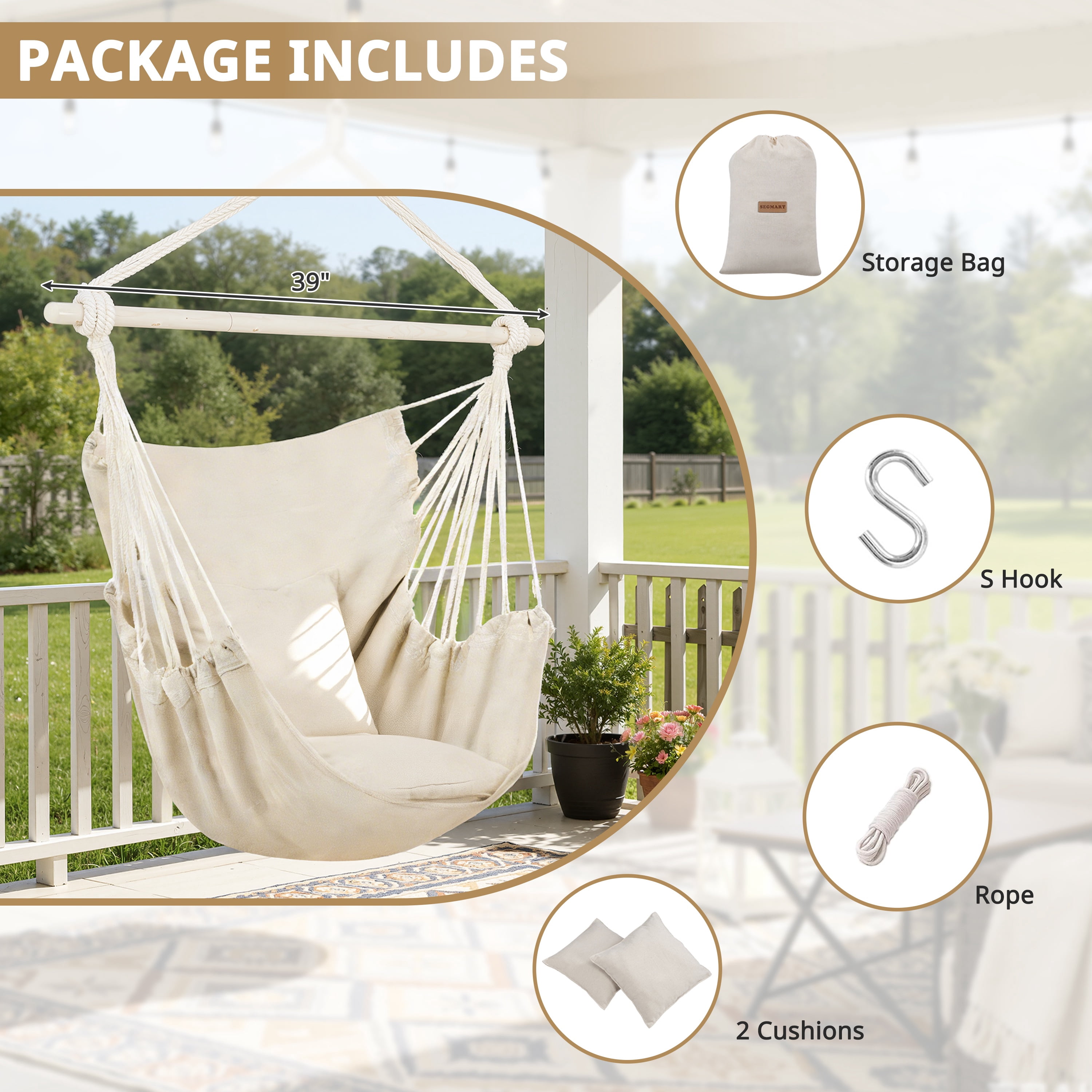 Segmart Large Hammock Chair Swing with Detachable Metal Support Bar and Two Cushions (Beige, 39 in x 47 in) vaj8j