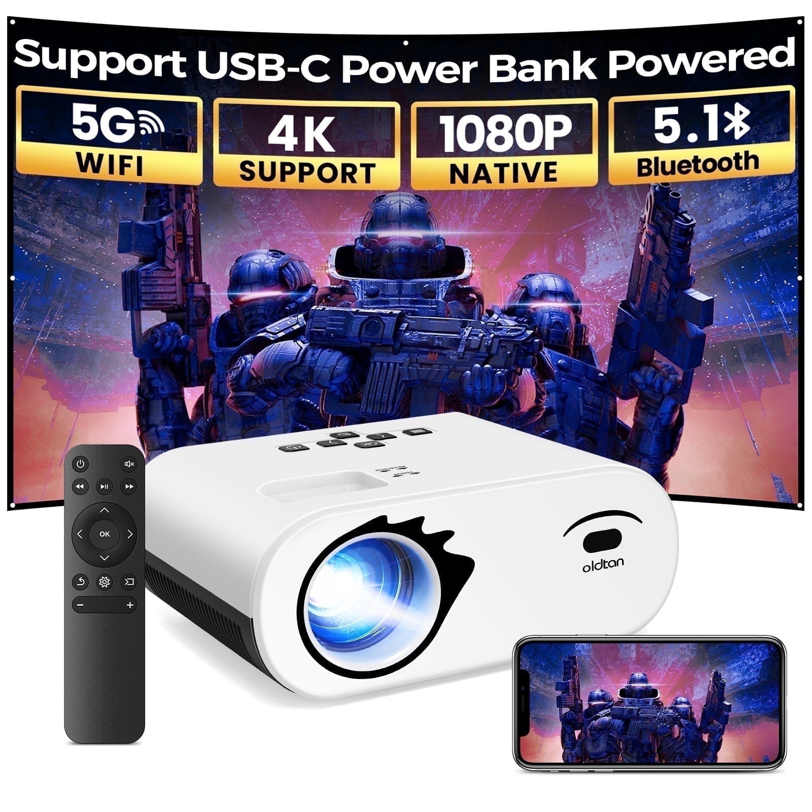 Oldtan 1080P Portable Projector with Screen, 5G WiFi & Bluetooth, USB-C Power Bank Compatible (Black, 16 oz) clqtp
