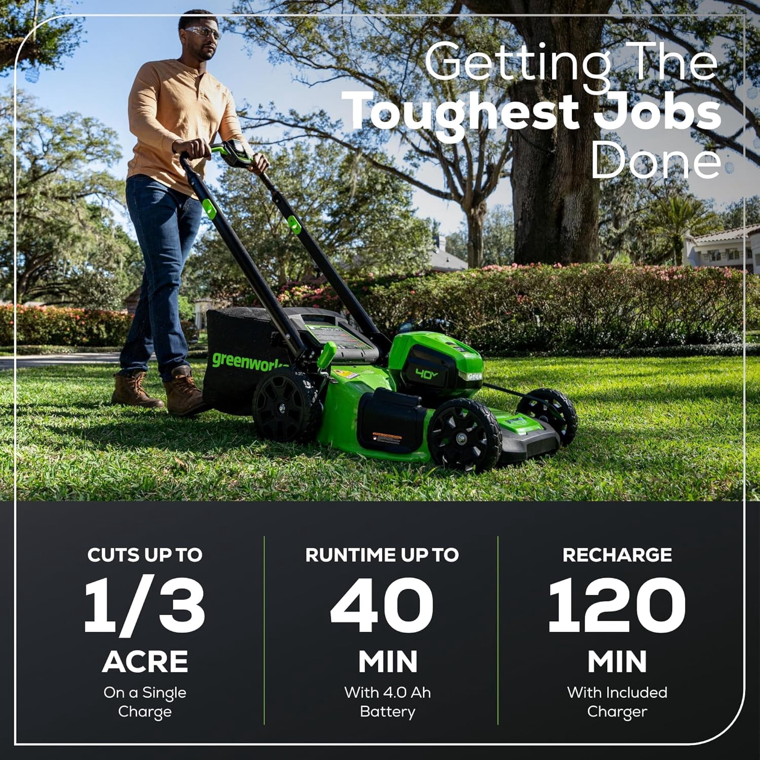 Greenworks 40V Cordless Lawn Mower, String Trimmer and Leaf Blower Combo Kit (Green, 20 in Mower Deck) gkjvf